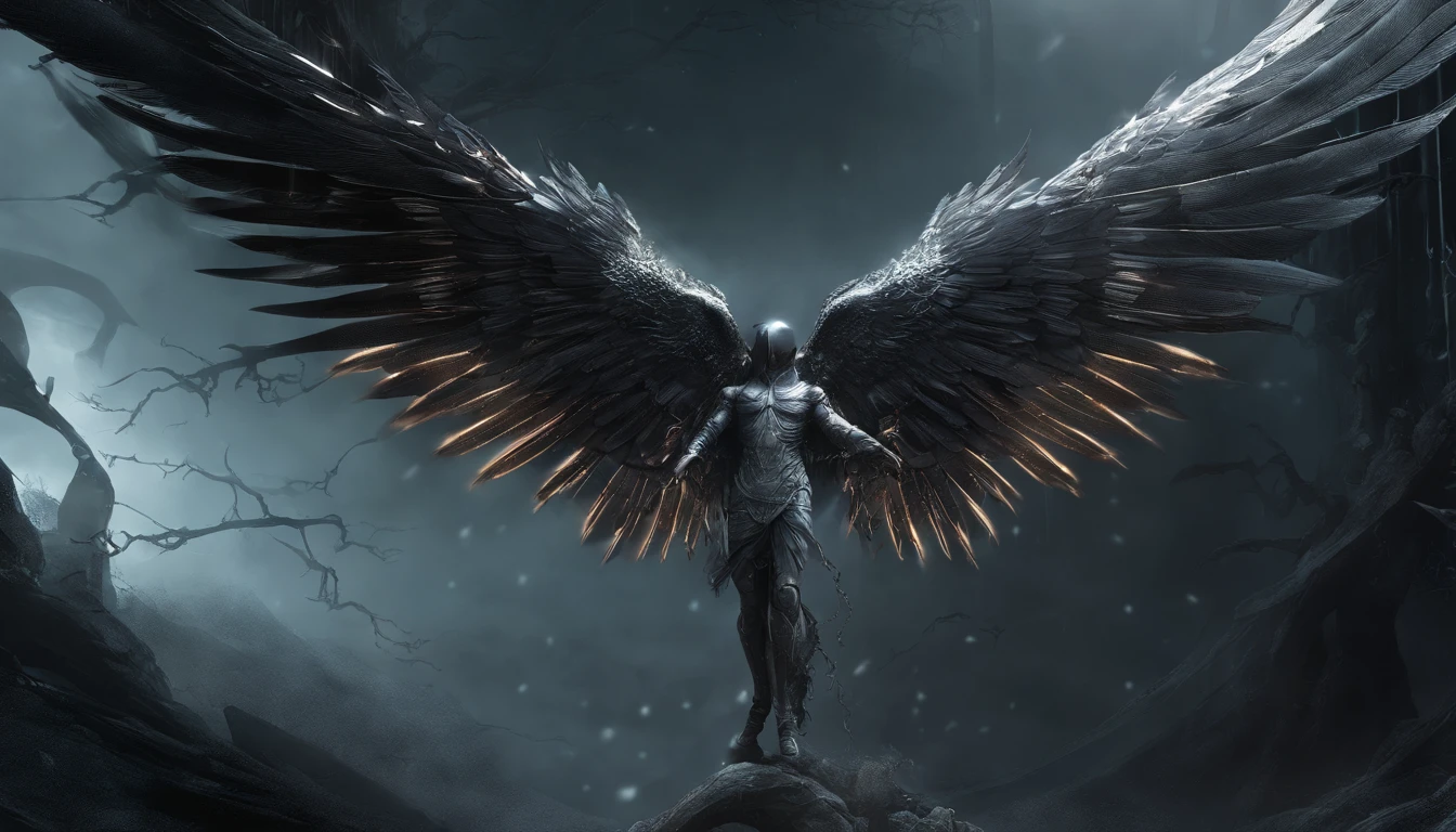 Cosmic Fallen Angel, glowing light eyes, Delicate and beautiful face,Bigchest,Biomechanical, eerie, Dream-like, Very bright colors, Light particles, with light glowing, Lucifer, wallpaper art, UHD wallpaper