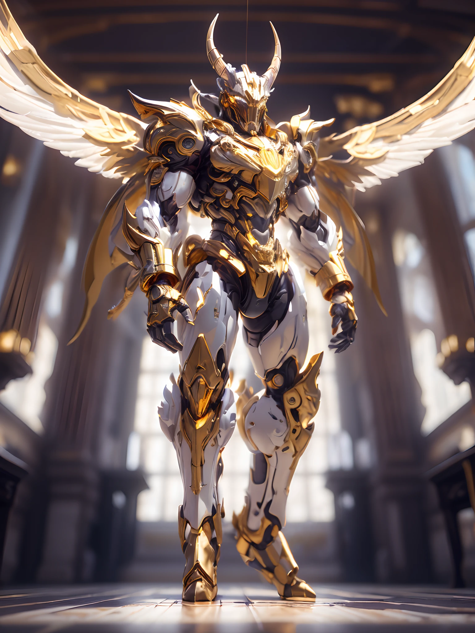 (anthropomorphism:1.5),(Full Body Shot), 1 gold Bull mecha(Mechanical style gold Bull head, Exquisite Helmet:1.2, muscular limbs, muscular body, Unfold wings made of gold:1.2), Standing on two legs, nobody,  Dreamy Glow,clean,white background, ( Global illumination, raytracing, HDR, unreal render,reasonable design, high detailed, masterpiece, best quality, UHD, Cinematic Lighting)