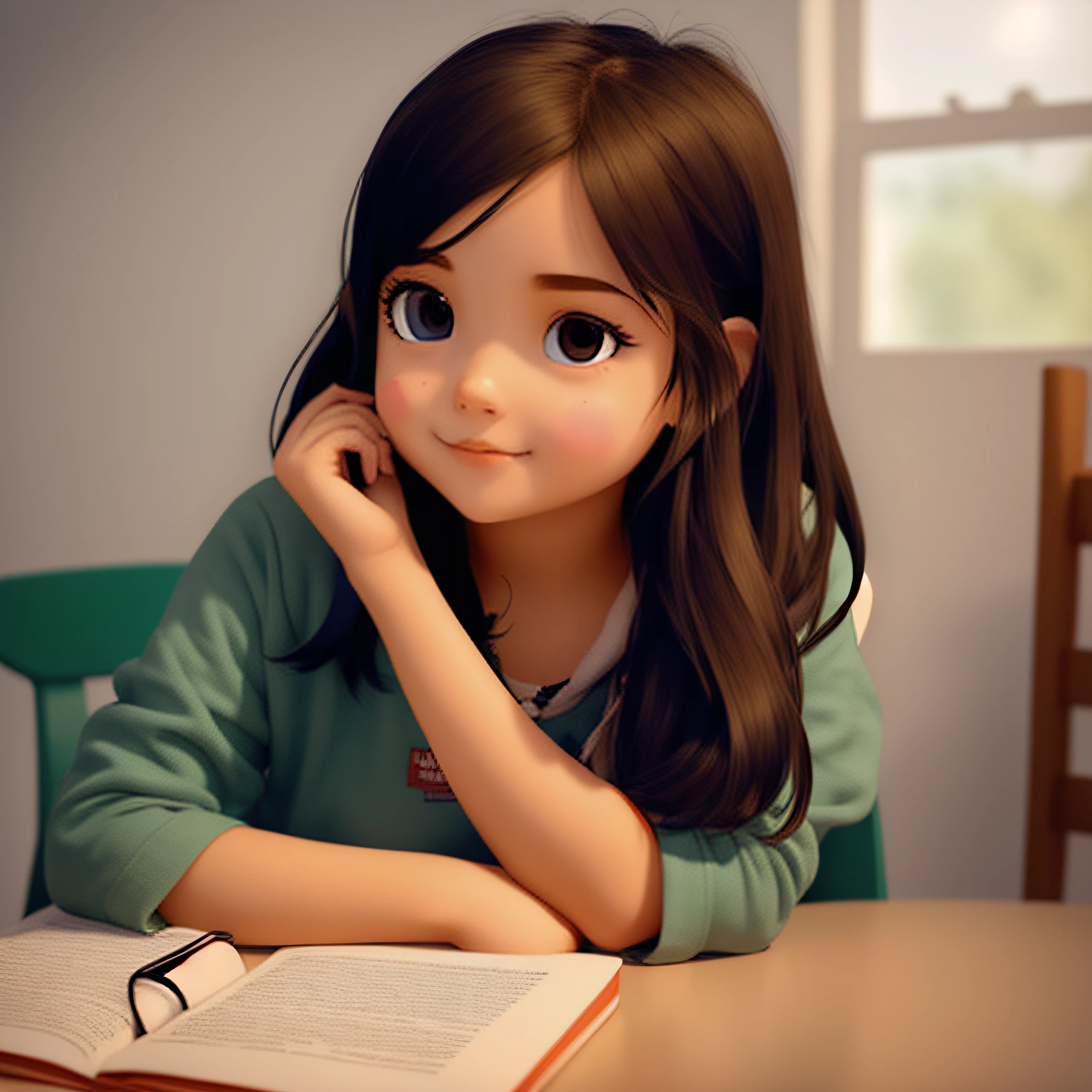 Keep this girl same, make this girl as sitting on a chair/table holding book in her both hand and studying in her basic middle class room.