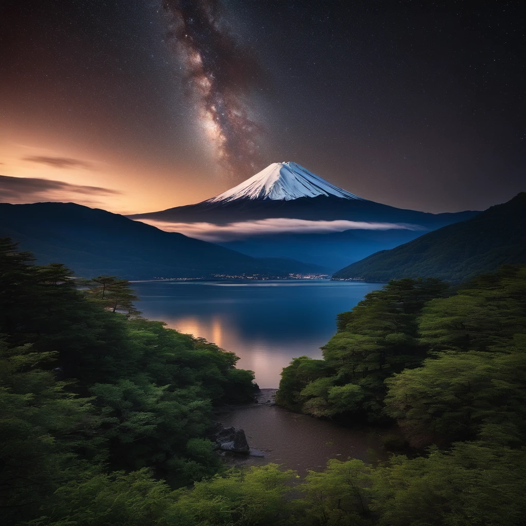Master Parts、Superior Quality、superior image quality、The 8k quality、、Beautiful pictures of the starry sky、magnifica、Arched Milky Way:1.9、Mt fuji、lake