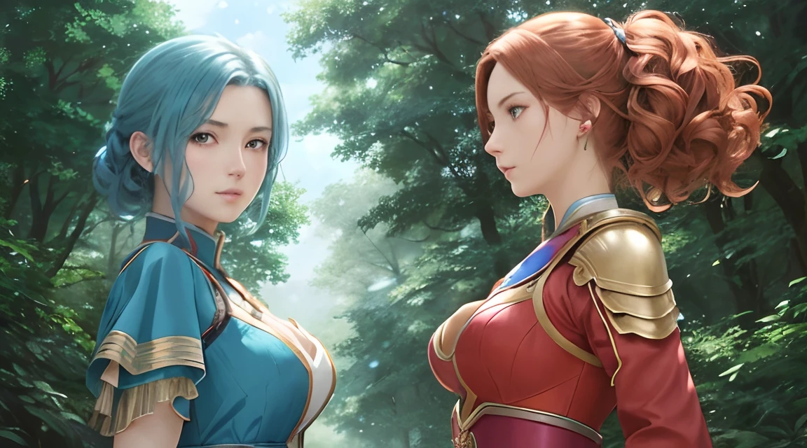 Two women in blue and red stand facing each other in the forest, highly detailed exquisite fanart, high detail official illustrations, Vermillion and Blue, official illustration, artgerm and genzoman, official character art, official fan art, aly fell and artgerm, official artwork, Nixeu and Sakimichan, ( ( character concept art ) )