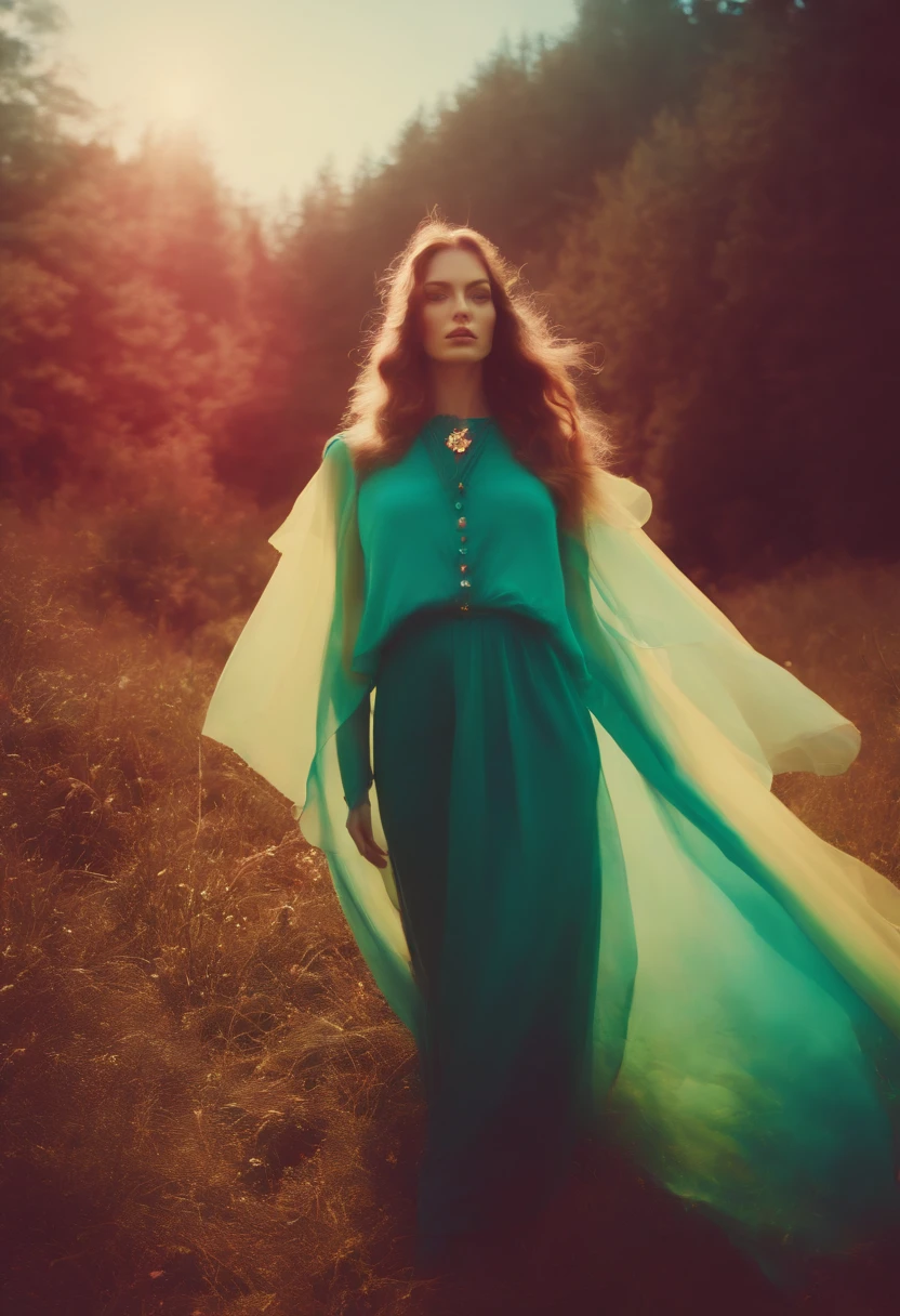 surreal vintage lofi conceptual fashion photography, psychedelic cross-processing multiple-exposure solargram, strong intentional camera movement