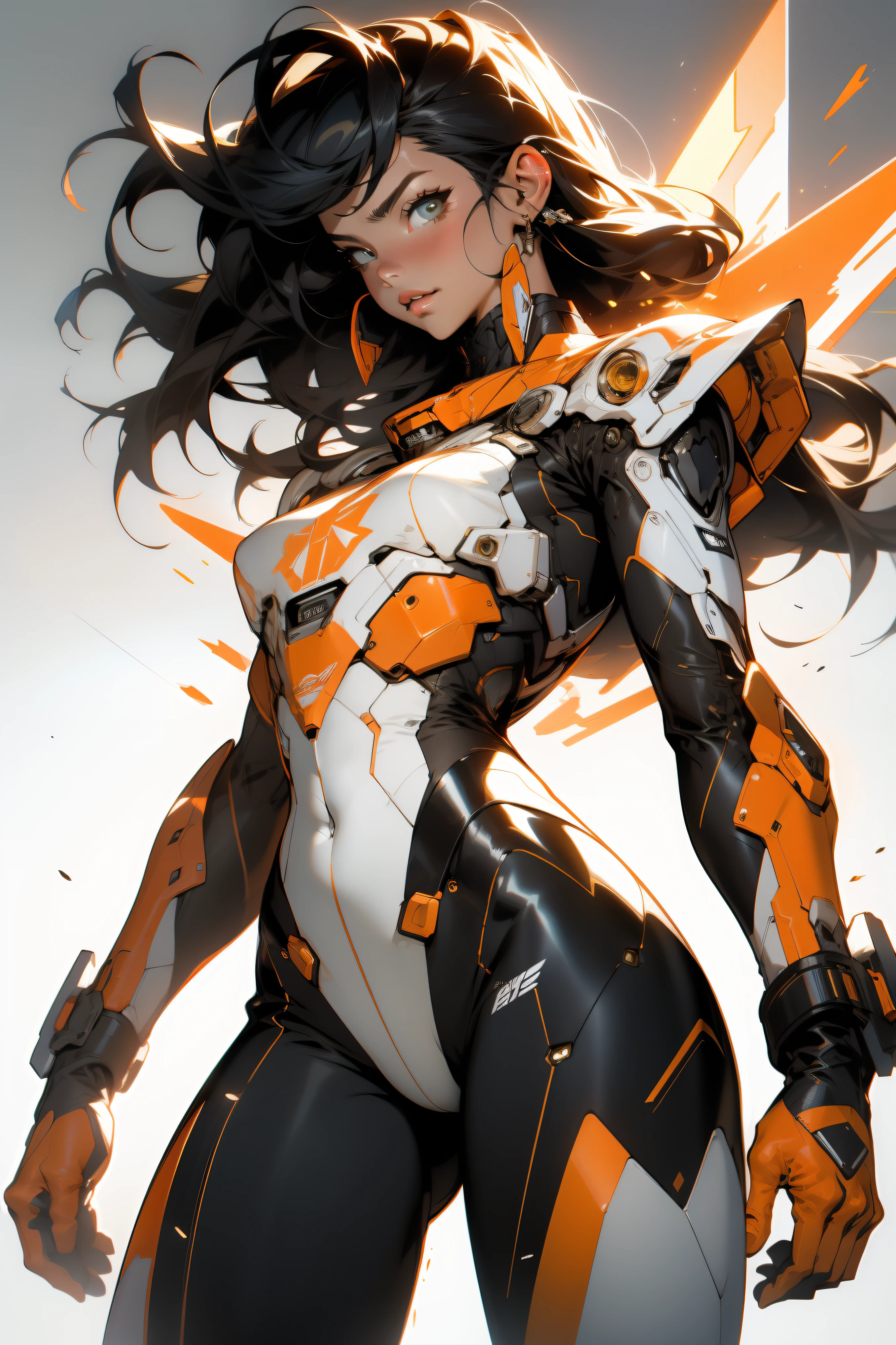 ((Best quality)), ((masterpiece)), (detailed: 1.4), ((bold)), Robot pilot woman muscular body defined, Neon evangelion style, half thick thighs, closed mouth, only panticular body parts covered by technological clothing, (((medium breasts)) pegenerous neckline, (((orange clothing)), Holland, pastel, (((mechanical arm))), airplane wings on the back, dark brown straight hair with straight bangs on the forehead, short underwear, garter belt, by mucha, niji --V5, close to real, best quality, almost naked, psychopathiczy face pose, psychedbackground, ece clothes, Holland symbol designs, cyberpunk, dark blue bra with the sun, (((clothes with the colors of the Dutch national team shirt))), pointed shoulder pads, blue eyes without pupils, HDR (High Dynamic Range), Ray Tracing,NVIDIA RTX,Super-Resolution,Unreal 5,Subsurface Dispersion, PBR Texture, Post-processing, Anisotropic Filtering, Depth of Field, Maximum Clarity and Sharpness, Multilayer Textures, Albedo and Specular Maps, Surface Shading, Accurate Simulation of Light-Material Interaction, Perfect Proportions, Octanwo-Tone Lighting, Wide Aperture, Low ISO, White Balance, Rule of Thirds, 8K RAW, Crysisnanosuit