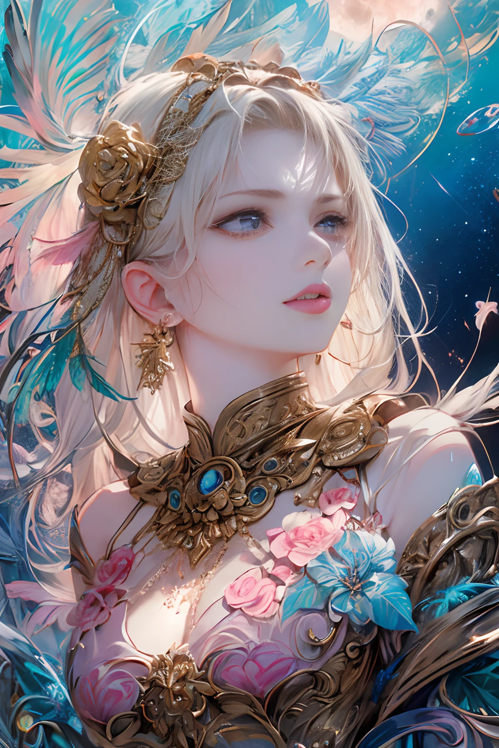 (Beautiful and majestic space,Island of the magnificent moon sea),(Intense and dramatic imagery,stunning visuals),(the hanging North Star,the colorful natural light) girl with，tiny chest，off shoulders，Golden hair，Colored feathers，metal ornaments，colorful flower，Particle，Rays of Light，(masutepiece, of the highest quality, Best Quality, Official art, Beautiful and aesthetic:1.2), (1girl in:1.3), Extremely detailed,(Fractal Art:1.1),(Colorful:1.1)(Flowers:1.3),highest details,(Zentangle:1.2), (Dynamic Pose), (Abstract background:1.3), (Shiny skin), (Many colors:1.4), ,(earrings:1.4), (Feathers:1.4)