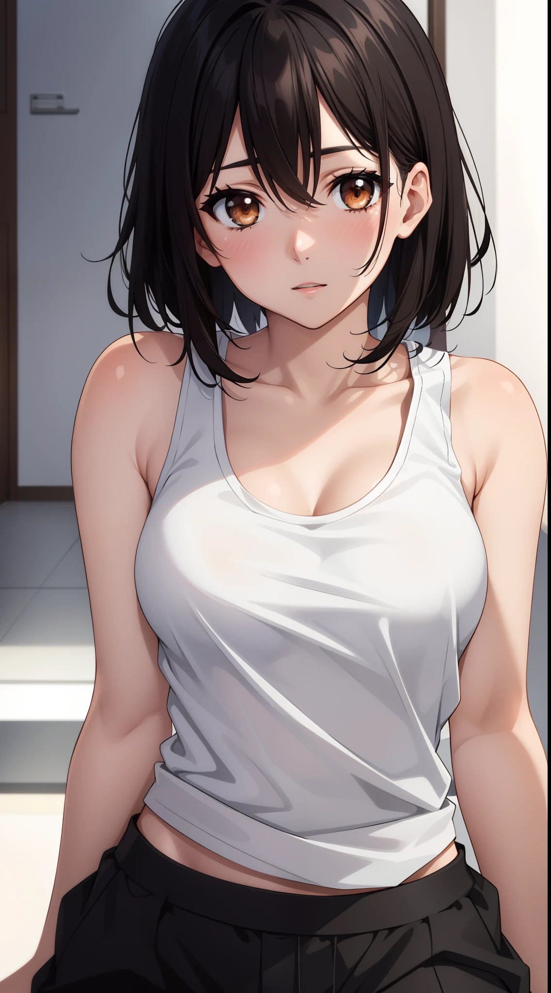 masterpiece, best quality, 1 girl, himeragi yukina, brown eyes, black hair, hair between eyes, medium hair, medium breasts, (healthy skin),  bare shoulders, ((upper body)), (((white and short  tank top))), medium hair, (naval)