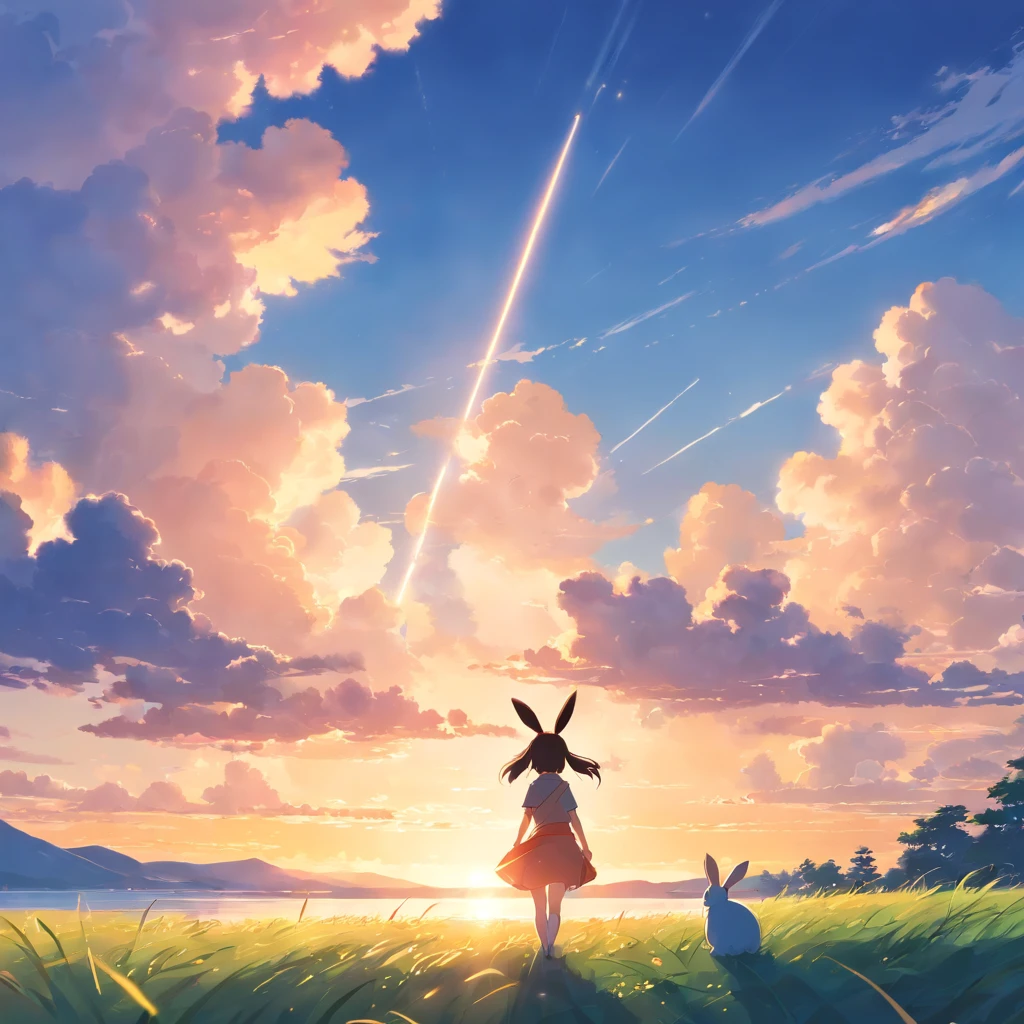 Masterpiece, Best quality, cinematic Film still from, 1rabbit, (Back Shadow),Cloud Rabbit, Floating in the sky, Close-up, Bright, cheerfulness, Warm and soft lighting, Sunset, (spark of light:0.7)