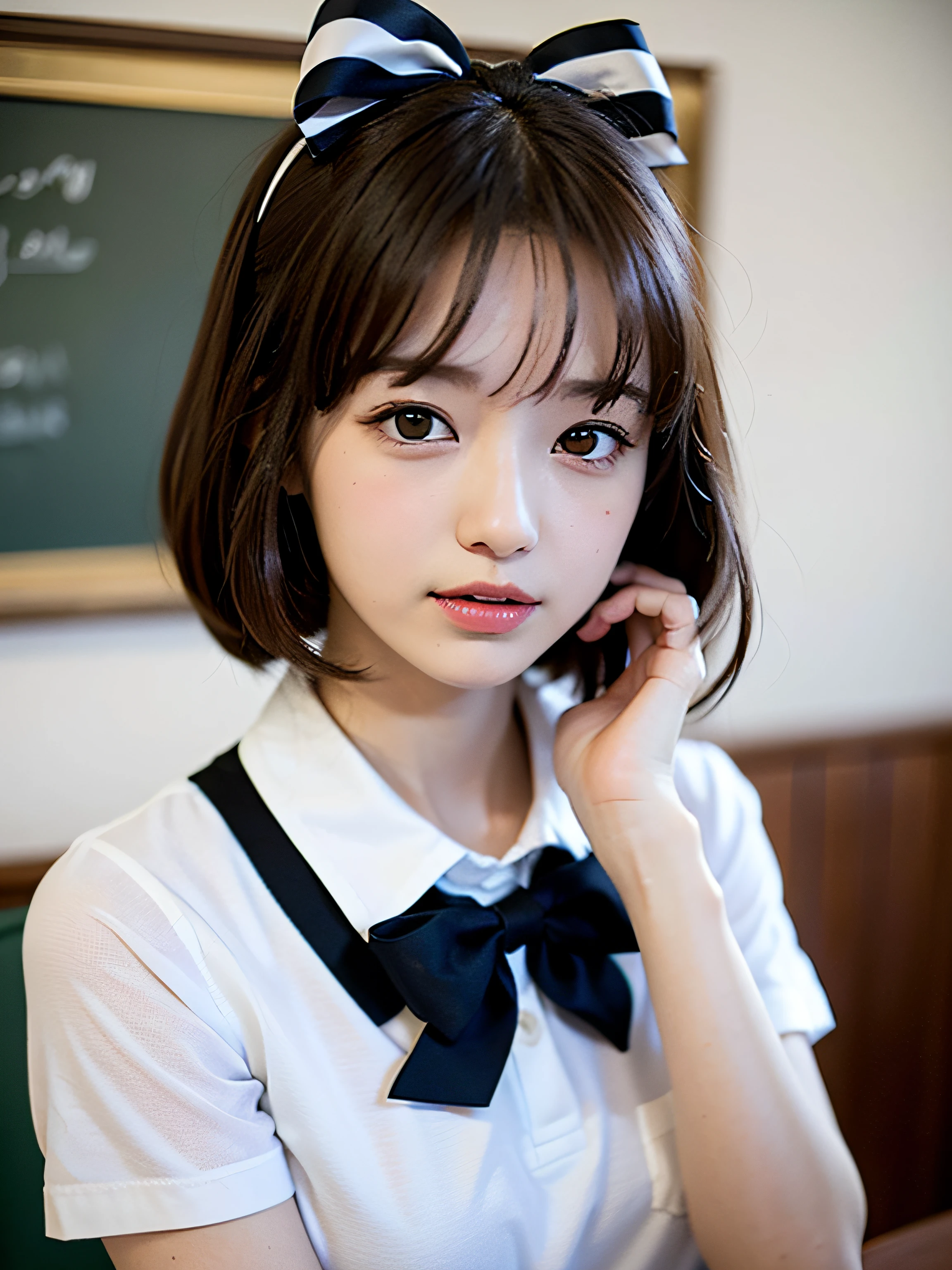 (Extremely delicate and beautiful: 1.2), 1girl in, Bangs, Pretty eyes, Bow, Brown hair, Closed mouth, Sideways, hair between eye, Hair Bow, Short sleeves, Looking at the viewer, Medium Hair, Solo, Upper body, School uniform: 1.3, ((Solo)), (masutepiece),
