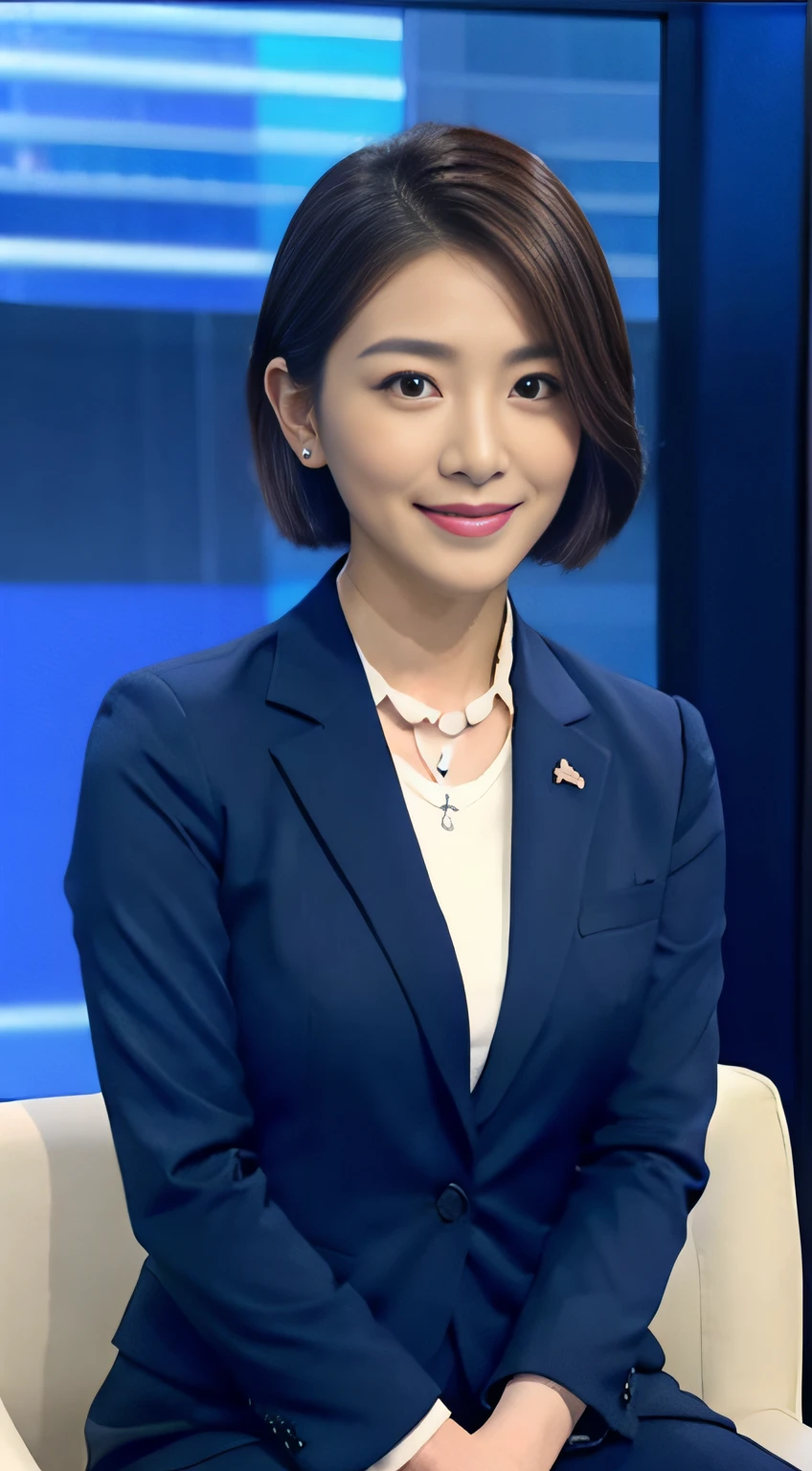 The highest image quality、超A high resolution、1girl in、beautiful countenance、Shorthair､Announcer in a tight suit with long sleeves、Sitting in the studio、news caster