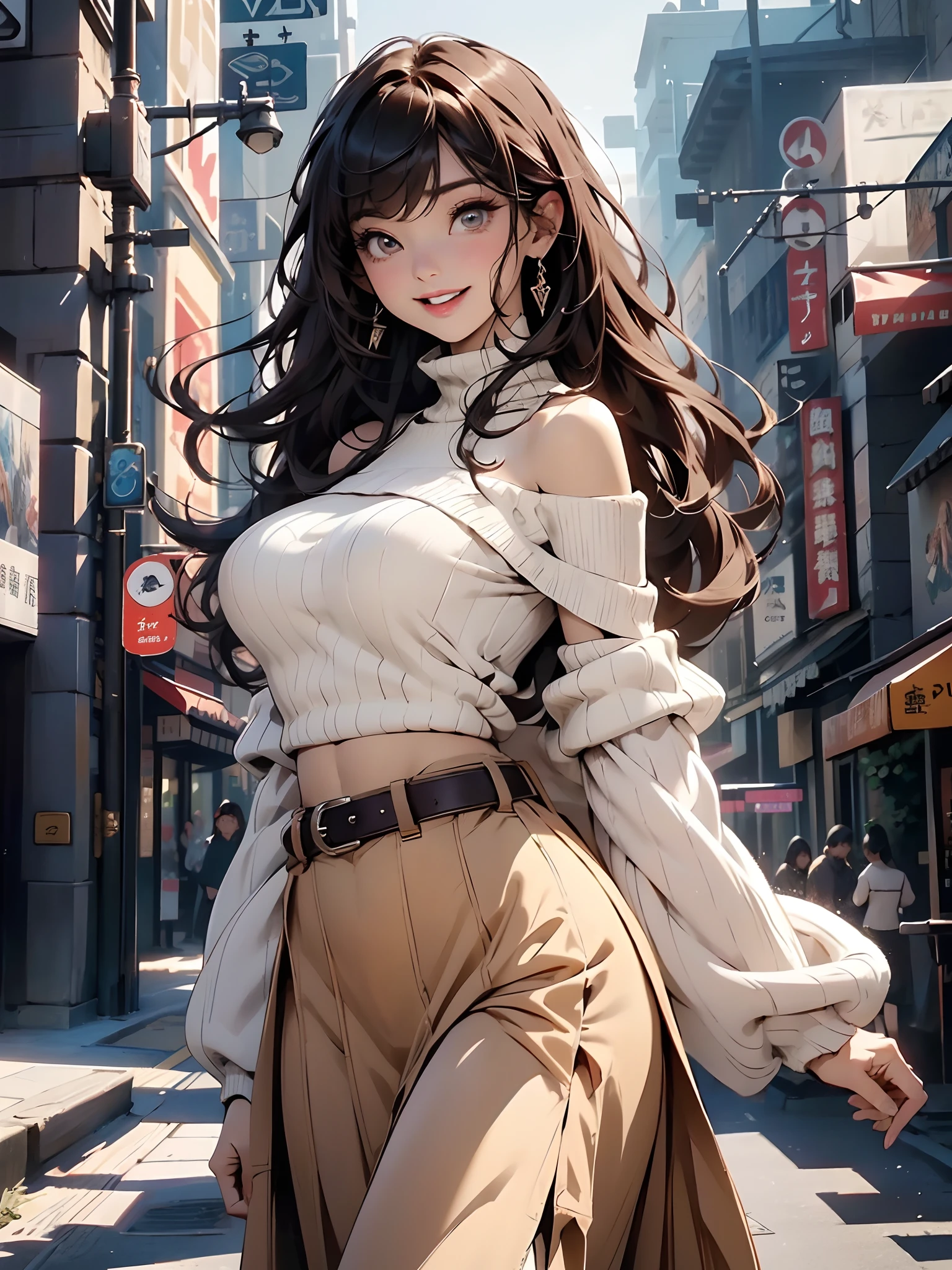 8K、masterpiece、 top-quality、The ultra -The high-definition、Top resolution、ighly detailed、Background with、Modern City、Skyscraper、main street、Professonal lighting、电影灯光、extremely details CG、On the side of the street、Holographic Signals、sign、Wide View、sharpnes、Full Body Pose、Angular focus from behind、Turning Pose、de pele branca、Beautuful Women、23years old、(A detailed eye、Almond Eye、Brown eyes、Bright pupils、Gradient Eyes:1、finely detailed beautiful eye:1、Symmetrical eyes:1、big highlight on eyes:1.2)、(Red-brown hair、Bob Hair、Left and right non-target bangs、Fluttering hair)、(long skirt、with a belt、long court、Sweater off-shoulder 、beige colors、Hand-knitted neck muffler)、thin and long legs、Beautiful hip line、Beautiful spine、constricted back、Toned waist、Hip line emphasis、cheeks are a little red、beutiful breast、Breast is an A cup) 、(Round face: 1.4)、(Fine fingers、detailed arms、detailed human hands)、Laughing、Mouth half open、teeth showing、Beautiful hip line