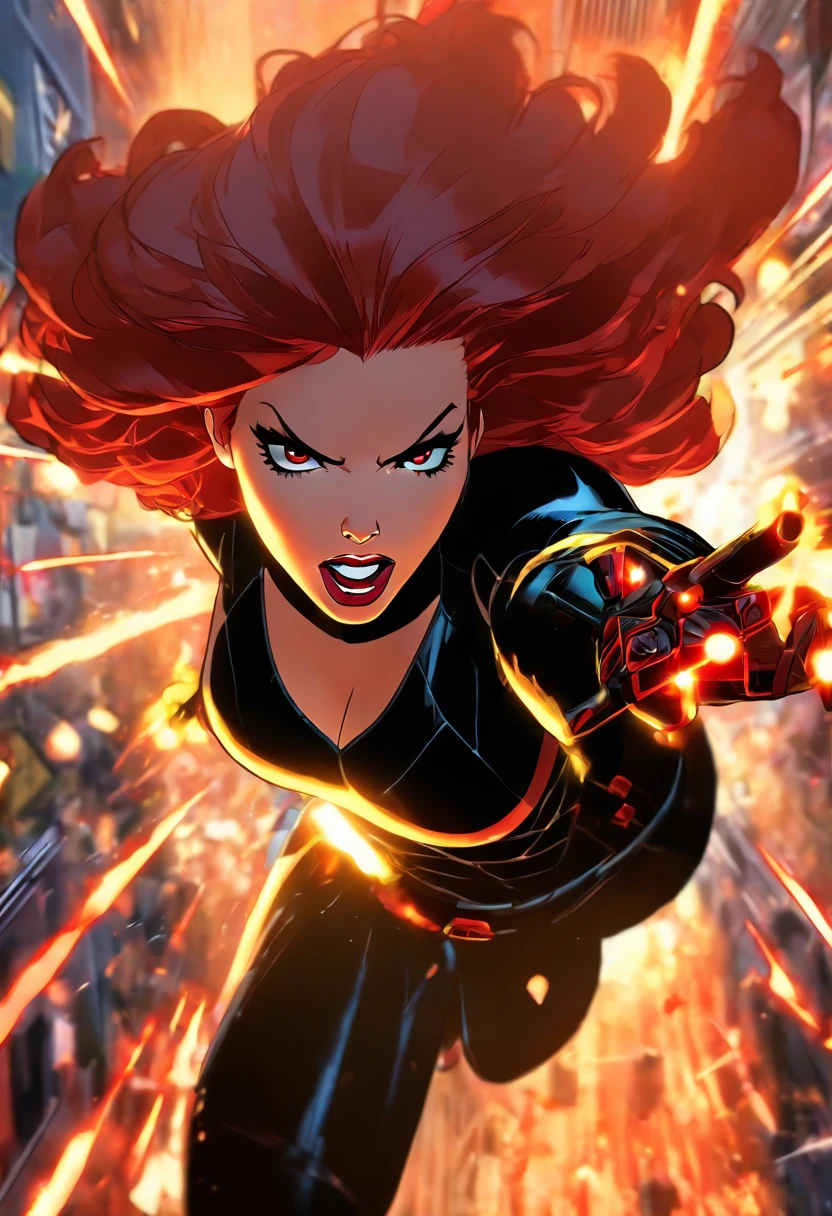 fast-paced action shot of Black Widow fighting, in the style of Jack Kirby, marvel comics, dynamic graphic novel, photorealistic scenes, detailed comic book art, red and dark, epic, wild and daring, rtx on, daz3d, animated illustrations, digital art techniques, intense full body