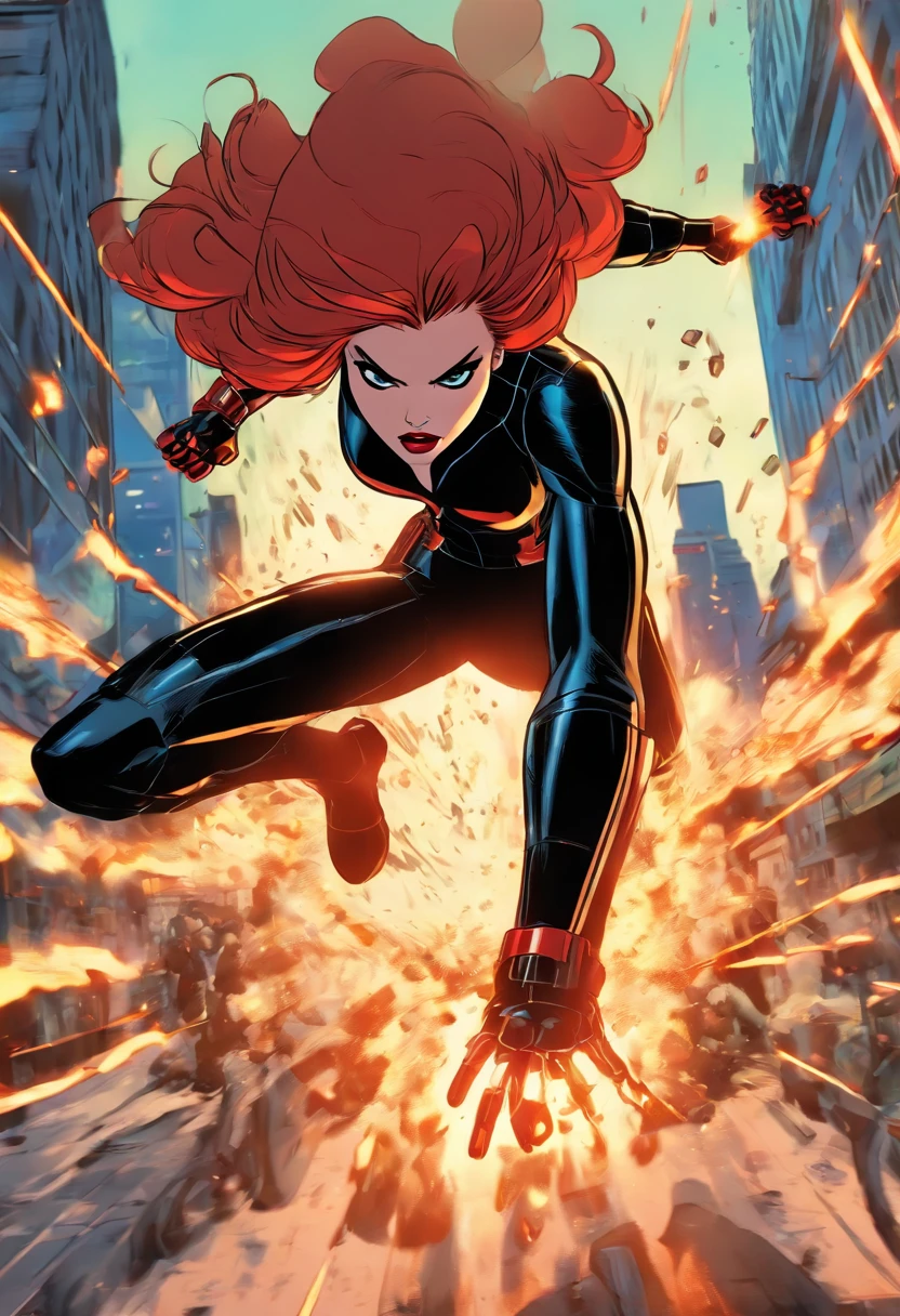 fast-paced action shot of Black Widow fighting, in the style of Jack Kirby, marvel comics, dynamic graphic novel, photorealistic scenes, detailed comic book art, red and dark, epic, wild and daring, rtx on, daz3d, animated illustrations, digital art techniques, intense full body