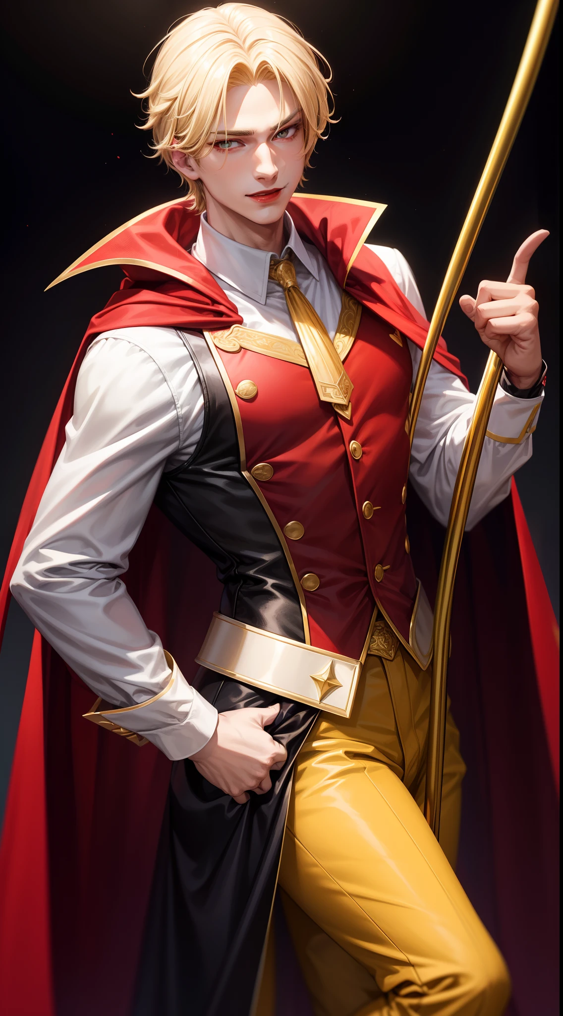 young boy, longue blonde hair, Heteroromy, smirk, red lipstick, red and yellow, red fluffy shirt, black tight pants, Dark purple cape, cane, Masterpiece, hiquality, higly detailed, HD, 4k