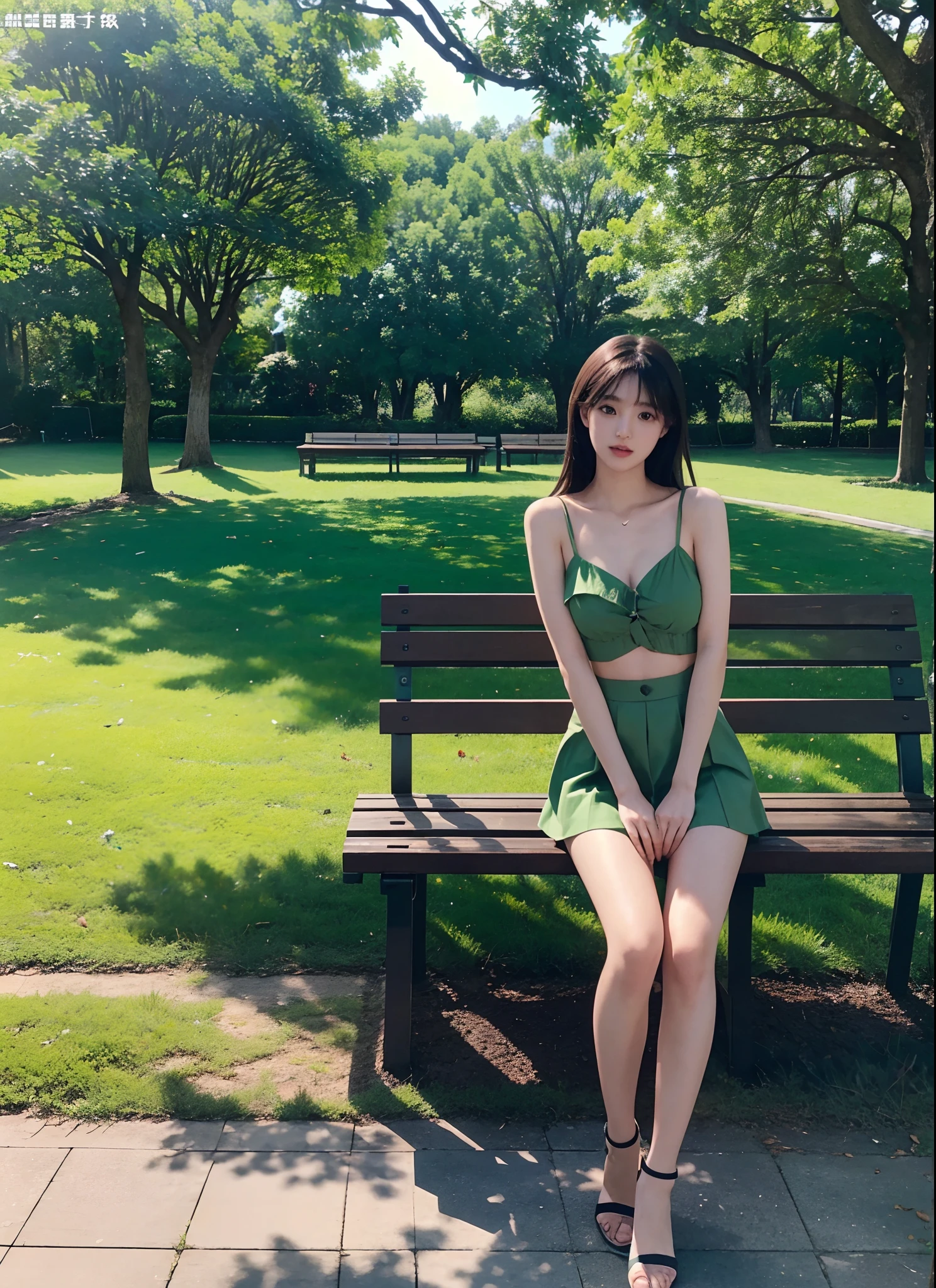 there is a woman standing next to a green bench in a park, magazine scan, magazine photo, magazine, young skinny gravure idol, young gravure idol, young pretty gravure idol, hq scan, magazine photo from 2023, chiho, mega scans, realistic young gravure idol, photo of slim girl model, uhq scan