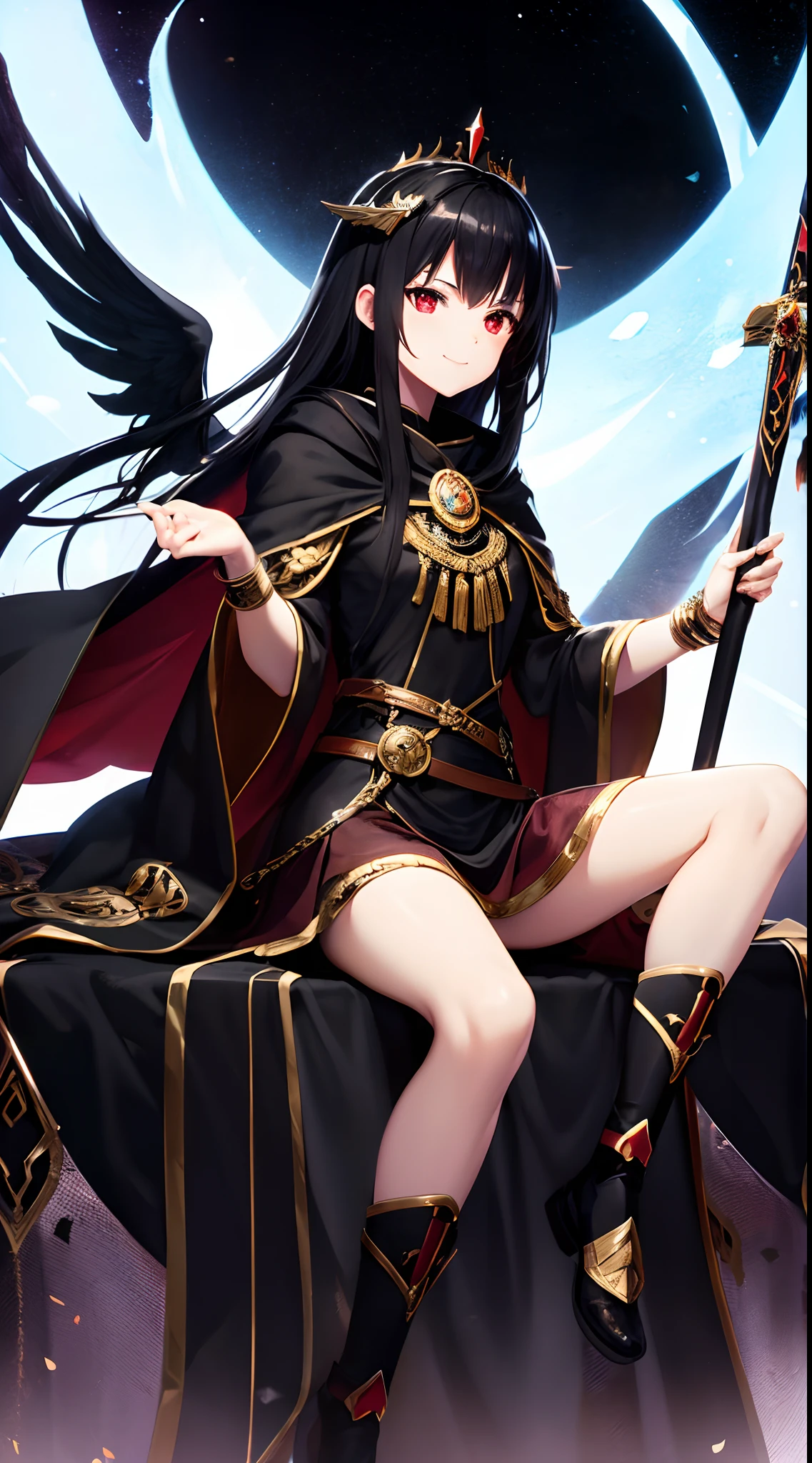 Full-body, black-haired young girl, with red eyes, maiden body, and dark armor with a mini skirt, wield a dark sword, wears a cloak and dark crown, sitting at the throne of darkness, black wings, shadow and night background scene, the magic circle with diamond,  brave smile, stable diffusion v5, anime style v3, dynamic, image enhance, dream shape, vibrant, realistic face, 8k quality, upscale, sharp focus.