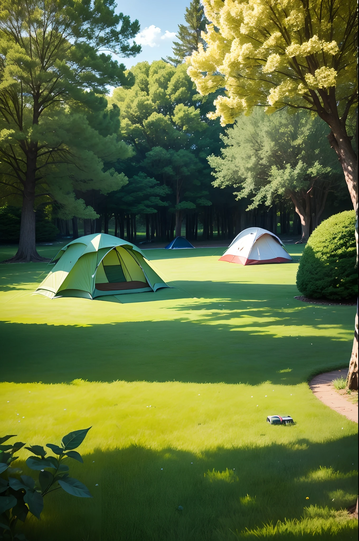 A image of a spacious camping lawn in spring, camera capturing, masterpiece, 24K. [2], [3], [4], [5], [6].