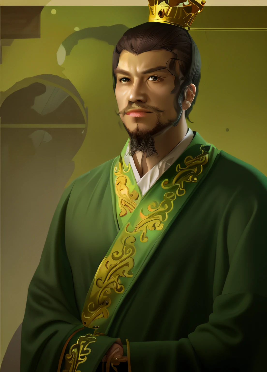Man in green robes with crown on head