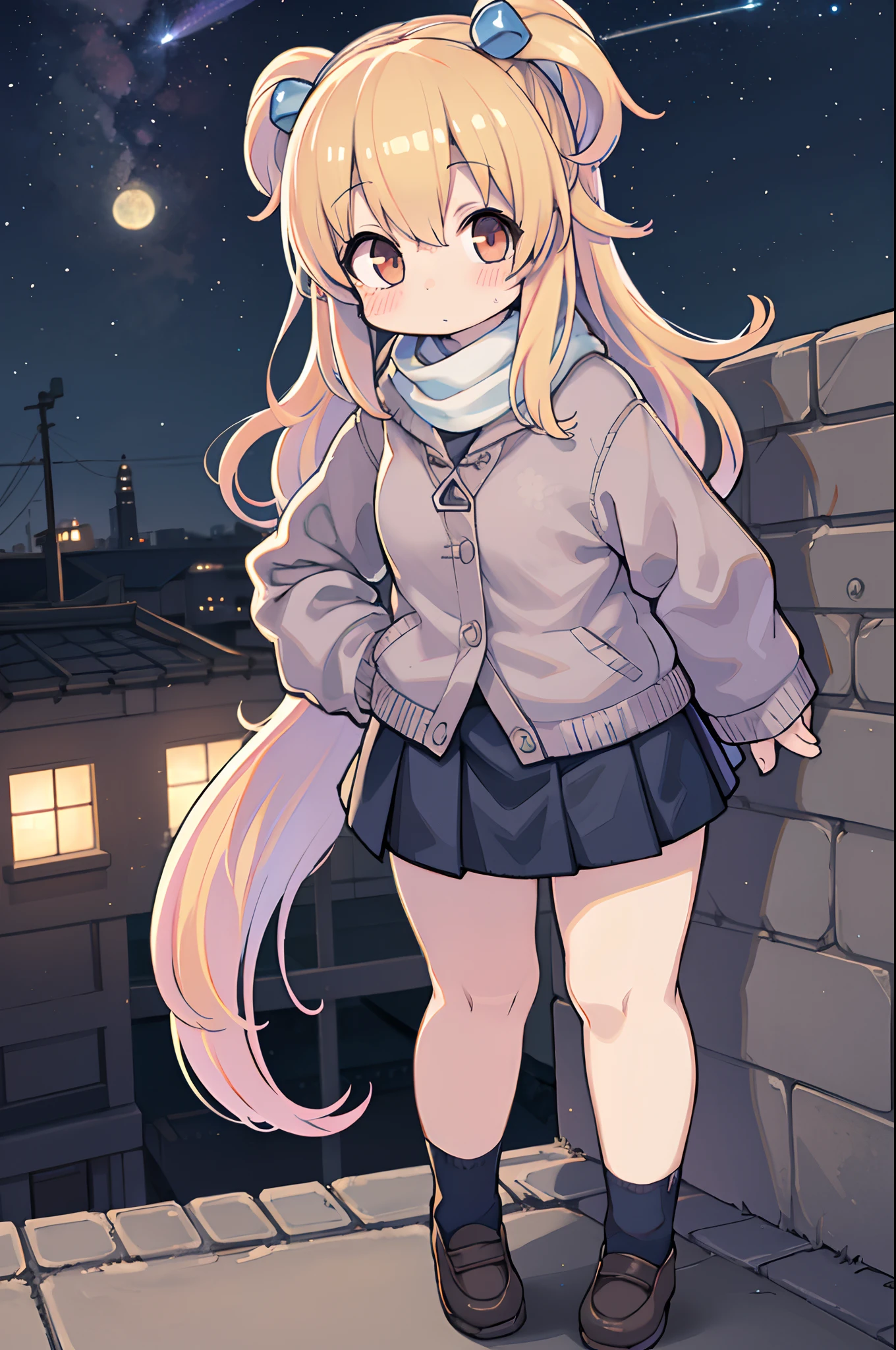 Anime girl standing on rooftop looking at stars and night sky, anime wallpaper 4k, anime wallpaper 4 k, 4k anime wallpaper, Anime art wallpaper 8k, anime art wallpaper 4k, anime art wallpaper 4k, anime style 4 k, makoto shinkai cyril rolando, 4 k manga wallpaper, anime wallpaper, amazing wallpapers, shooting stars、((())),pleatedskirt