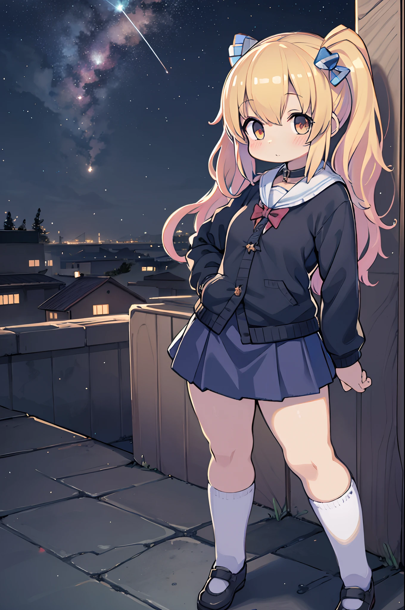 Anime girl standing on rooftop looking at stars and night sky, anime wallpaper 4k, anime wallpaper 4 k, 4k anime wallpaper, Anime art wallpaper 8k, anime art wallpaper 4k, anime art wallpaper 4k, anime style 4 k, makoto shinkai cyril rolando, 4 k manga wallpaper, anime wallpaper, amazing wallpapers, shooting stars、(((tiny girl))),pleatedskirt