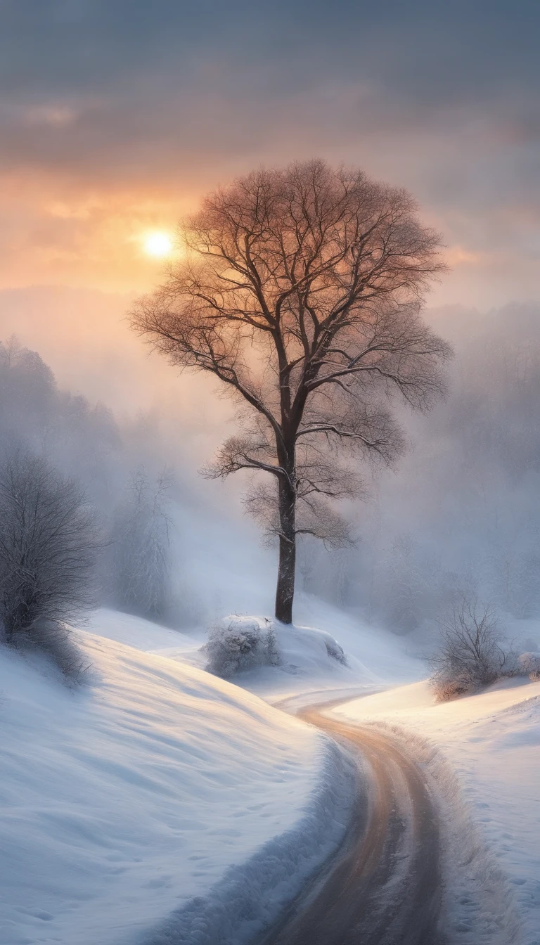 snow landscape，Back shadow，（The girl who left turned her back to the audience:1.1），中景 the scene is，独奏，（cabelos preto e longos），（without a hat），Wear a red cotton coat，Black boots，Go into the distance，Heavy snowfall，Roads to distant places，Trees wither in winter，blanketed in a mantle of snow，Winter tones，somber mood，The vista is a mountain，（Snowflakes drift in the endless sky），8k wallpaper，cinema4d，Cinematic lighting effects，light and shadow effect，Tyndall，rendering by octane，White balance，Unreal 5，Extremely detailed picture，light particules，depth of fields，tmasterpiece，realisticlying