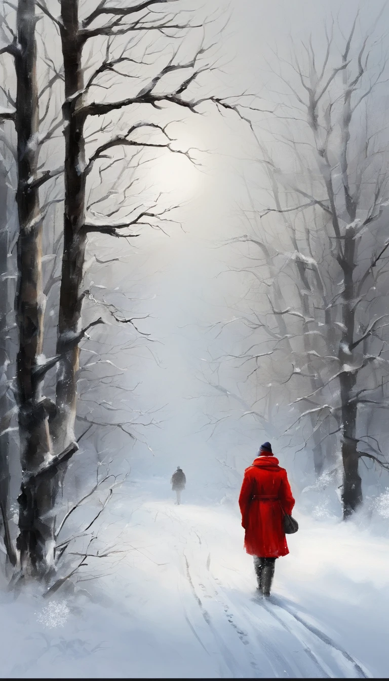 snow landscape,Back shadow,(The girl who left turned her back to the audience:1.1),中景 the scene is,独奏,(cabelos preto e longos),(without a hat),Wear a red cotton coat,Black boots,Go into the distance,Heavy snowfall,Roads to distant places,Trees wither in winter,blanketed in a mantle of snow,Winter tones,somber mood,The vista is a mountain,(Snowflakes drift in the endless sky),8k wallpaper,cinema4d,Cinematic lighting effects,light and shadow effect,Tyndall,rendering by octane,White balance,Unreal 5,Extremely detailed picture,light particules,depth of fields,tmasterpiece,realisticlying