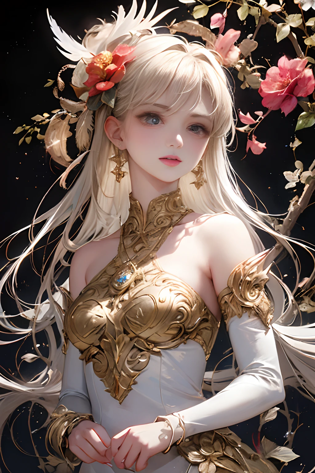 (highest quality,8K,cg),Upper body details,lonely girl,flower forest background,complex facial features,elegant long curly hair,large almond shaped eyes,detailed eye makeup,long eyelashes,twinkling stars,exquisite lip detail,soft and harmonious style.