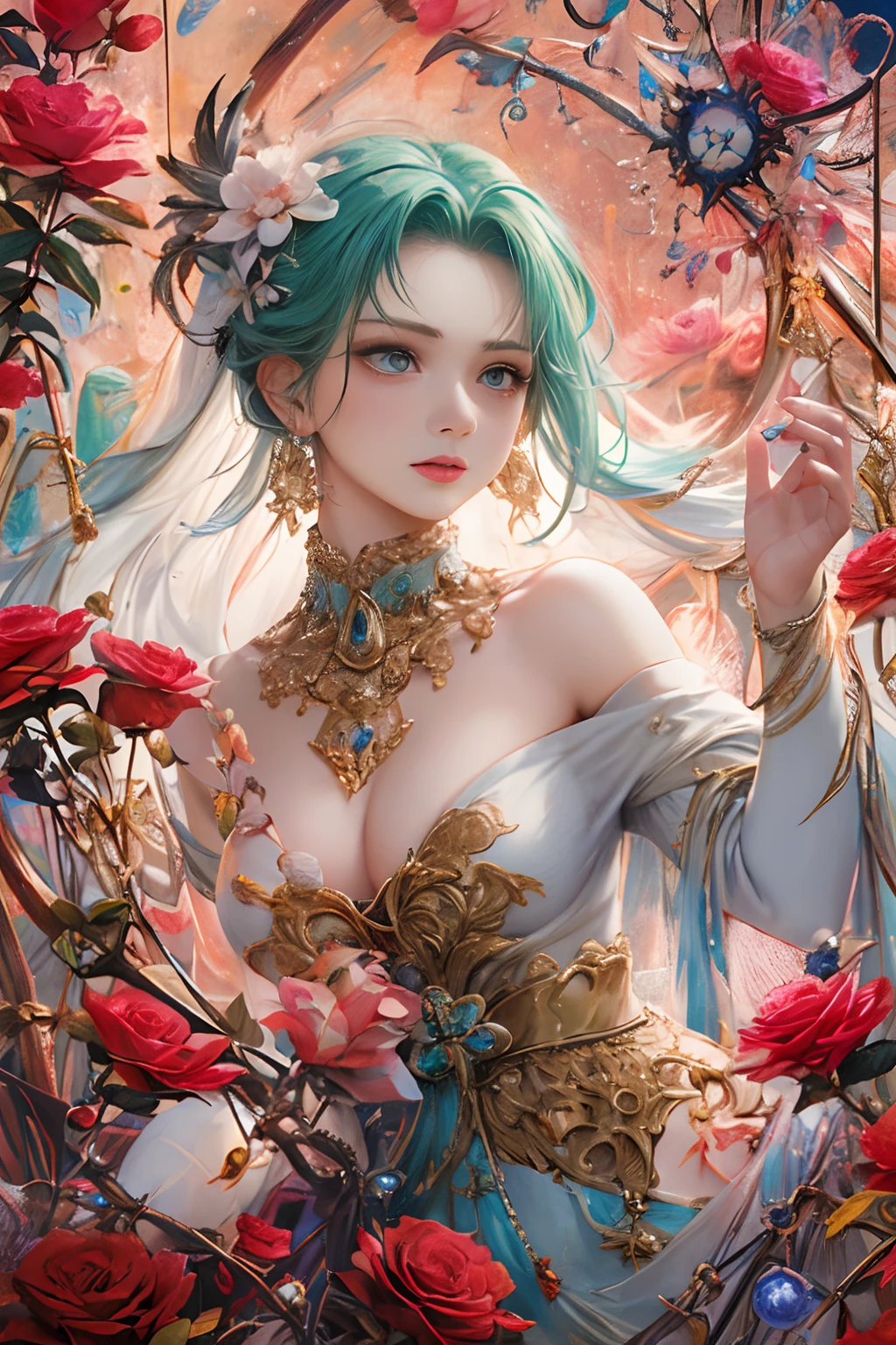 (Beautiful and majestic space,Island of the magnificent moon sea),(Intense and dramatic imagery,stunning visuals),(the hanging North Star,the colorful natural light) girl with,tiny chest,off shoulders,Golden hair,Colored feathers,metal ornaments,colorful flower,Particle,Rays of Light,(masutepiece, of the highest quality, Best Quality, Official art, Beautiful and aesthetic:1.2), (1girl in:1.3), Extremely detailed,(Fractal Art:1.1),(Colorful:1.1)(Flowers:1.3),highest details,(Zentangle:1.2), (Dynamic Pose), (Abstract background:1.3), (Shiny skin), (Many colors:1.4), ,(earrings:1.4), (Feathers:1.4)