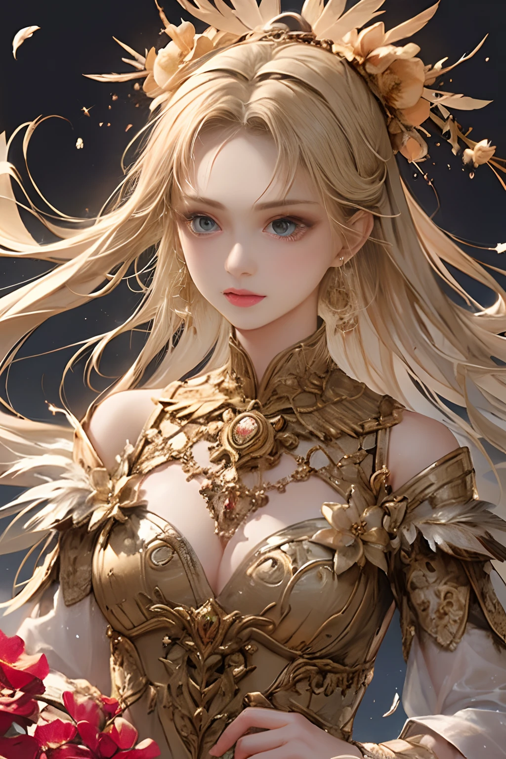 (Beautiful and majestic space,Island of the magnificent moon sea),(Intense and dramatic imagery,stunning visuals),(the hanging North Star,the colorful natural light) girl with，tiny chest，off shoulders，Golden hair，Colored feathers，metal ornaments，colorful flower，Particle，Rays of Light，(masutepiece, of the highest quality, Best Quality, Official art, Beautiful and aesthetic:1.2), (1girl in:1.3), Extremely detailed,(Fractal Art:1.1),(Colorful:1.1)(Flowers:1.3),highest details,(Zentangle:1.2), (Dynamic Pose), (Abstract background:1.3), (Shiny skin), (Many colors:1.4), ,(earrings:1.4), (Feathers:1.4)