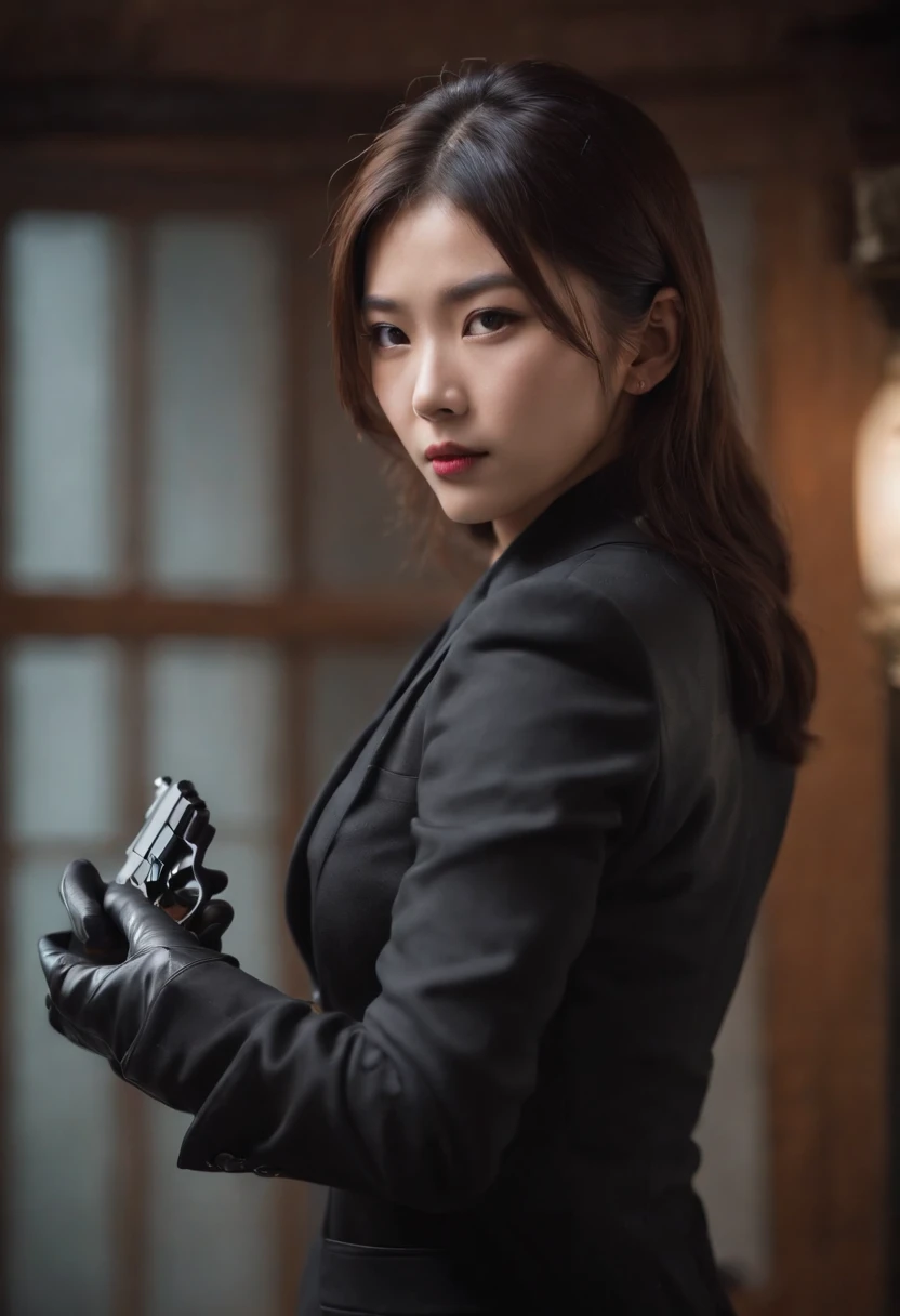 A Japanese girl in a black suit holding a gun with both hands with black leather gloves