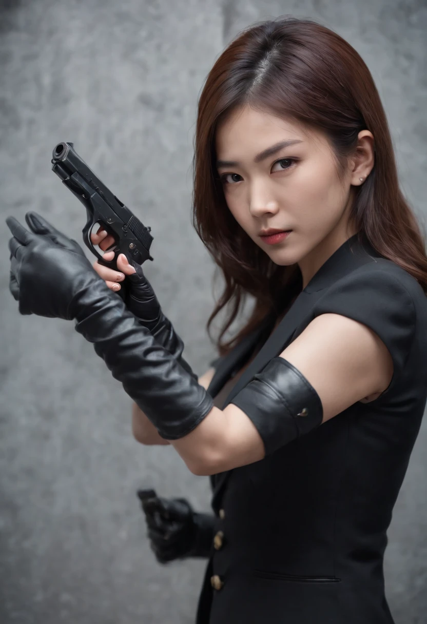A Japanese girl in a black suit holding a gun with both hands with black leather gloves