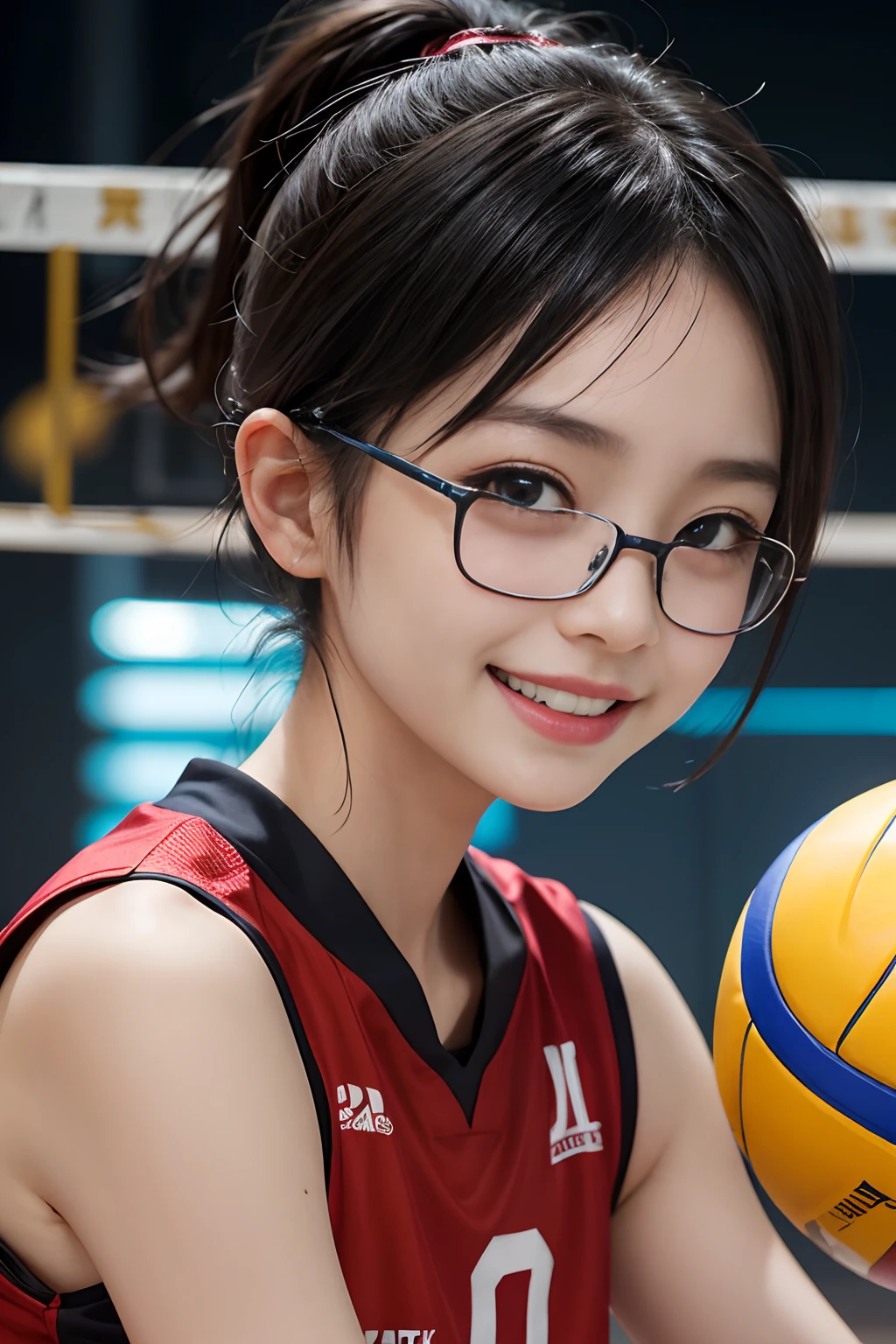 8K,Volleyball player、A Japanese Lady、Japan Team、Smile full of happiness、((Looks happy:1.3))、Panting face、Lacking、Sweating、Expression in a state of excitement、short-hair、eye glass、8K,Volleyball player、A Japanese Lady、Japan Team