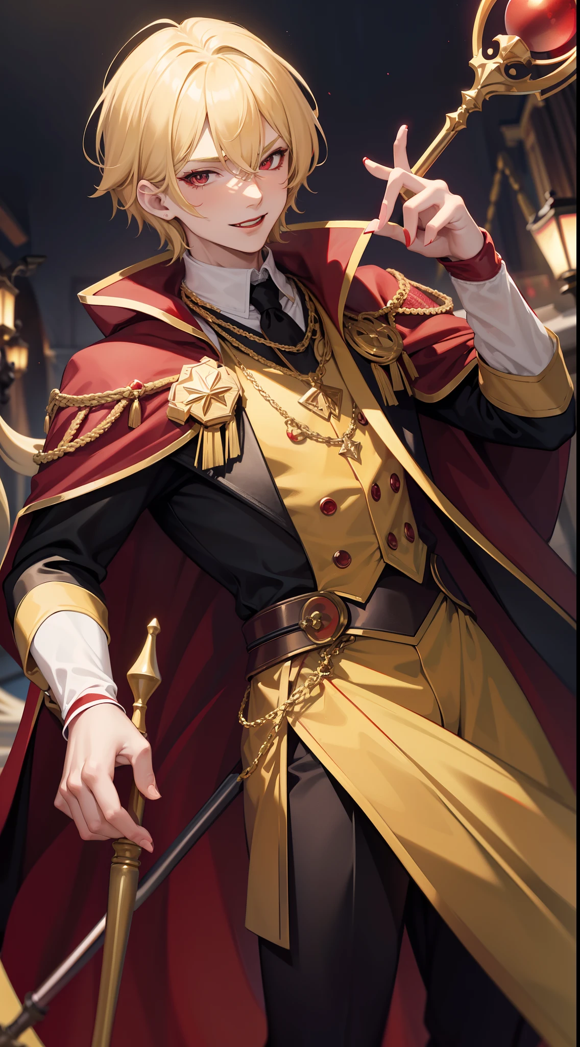 young boy, longue blonde hair, Heteroromy, smirk, red lipstick, red and yellow, red fluffy shirt, black tight pants, Dark purple cape, cane, Masterpiece, hiquality, higly detailed, HD, 4k