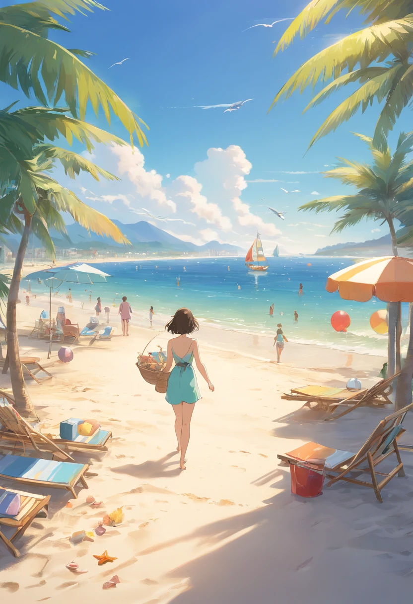 Painting of a woman walking on a beach with a basket of fruit - SeaArt AI