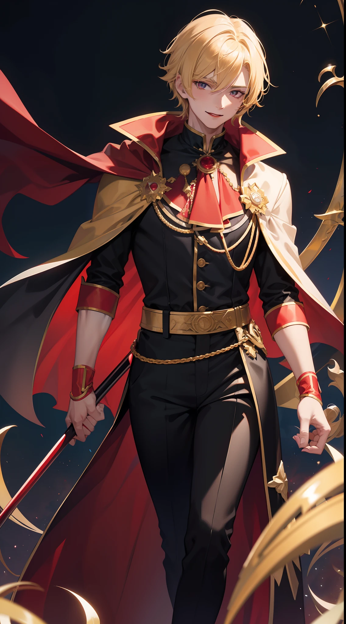 young boy, longue blonde hair, Heteroromy, smirk, red lipstick, red and yellow, red fluffy shirt, black tight pants, Dark purple cape, cane, Masterpiece, hiquality, higly detailed, HD, 4k