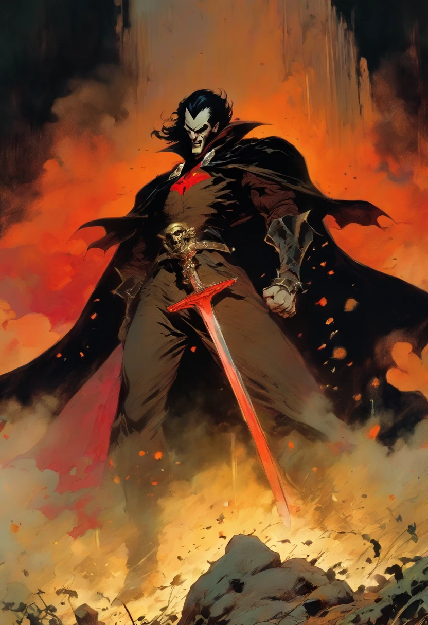 Dracula wielding a sword on a battlefield, in the style of frank frazetta, marvel comics, mind-bending illusions, comiccore, flawless line work, made of mist, wild and daring, shot on 70mm, dark gold and red, detailed costumes, chiaroscuro mastery, creepypasta, full body intense, award winning