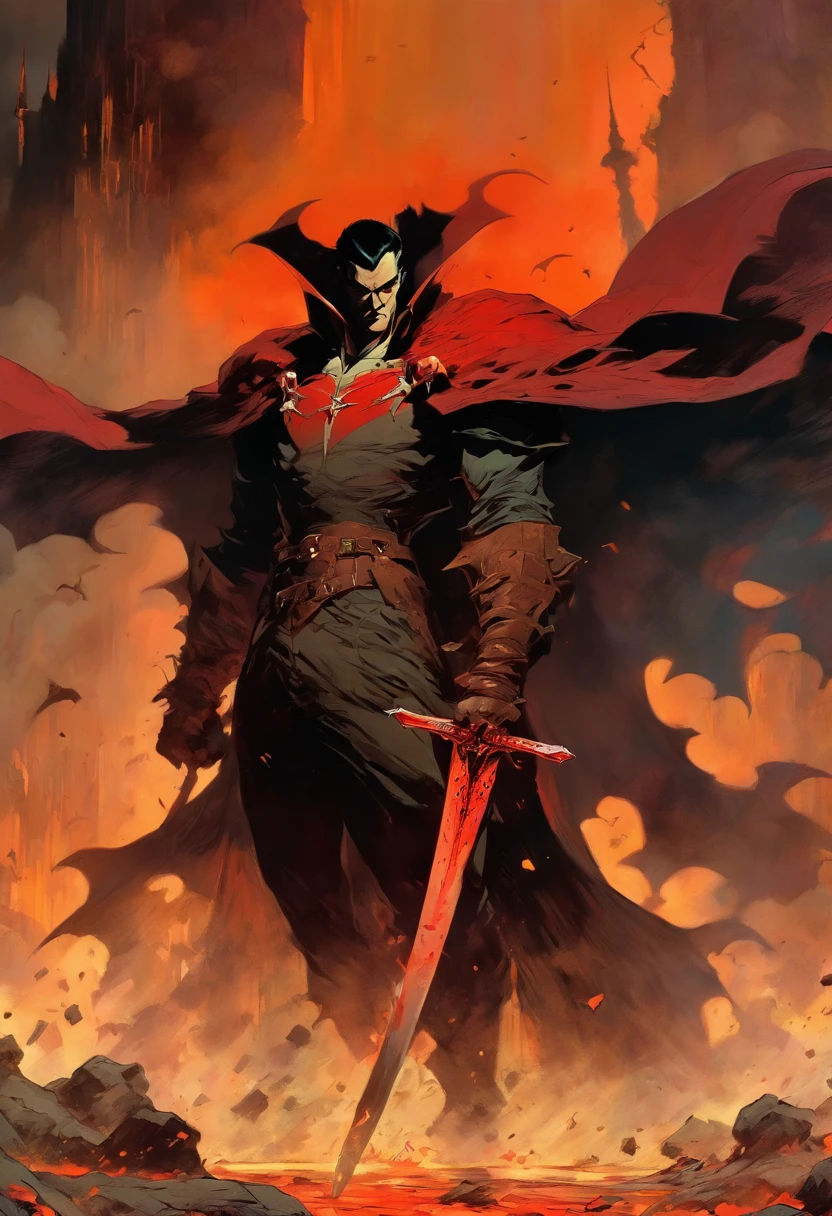 Dracula wielding a sword on a battlefield, in the style of frank frazetta, marvel comics, mind-bending illusions, comiccore, flawless line work, made of mist, wild and daring, shot on 70mm, dark gold and red, detailed costumes, chiaroscuro mastery, creepypasta, full body intense, award winning