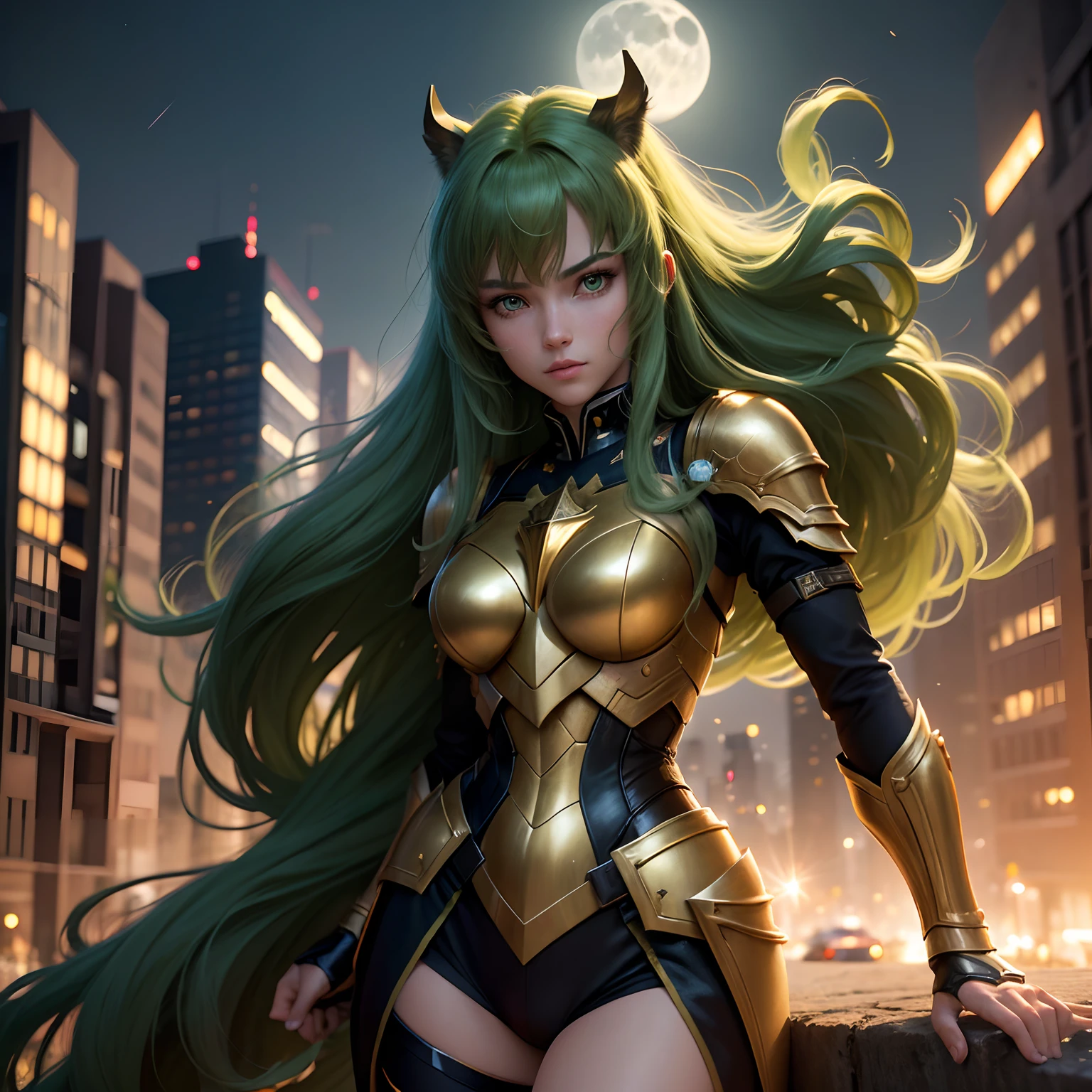 (Masterpiece, 4k resolution, ultra-realistic, very detailed), (Theme of knights of the zodiac, charismatic, there is a girl at the top of the city, wearing a golden gold armor Sagittarius knight, she is a superhero), [ ((20 years), (long green hair:1.2), full body, (green eyes:1.2), ((fighting pose),show of strength), ((sandy urban environment):0.8)| (cityscape, at night, dynamic lights), (full moon))