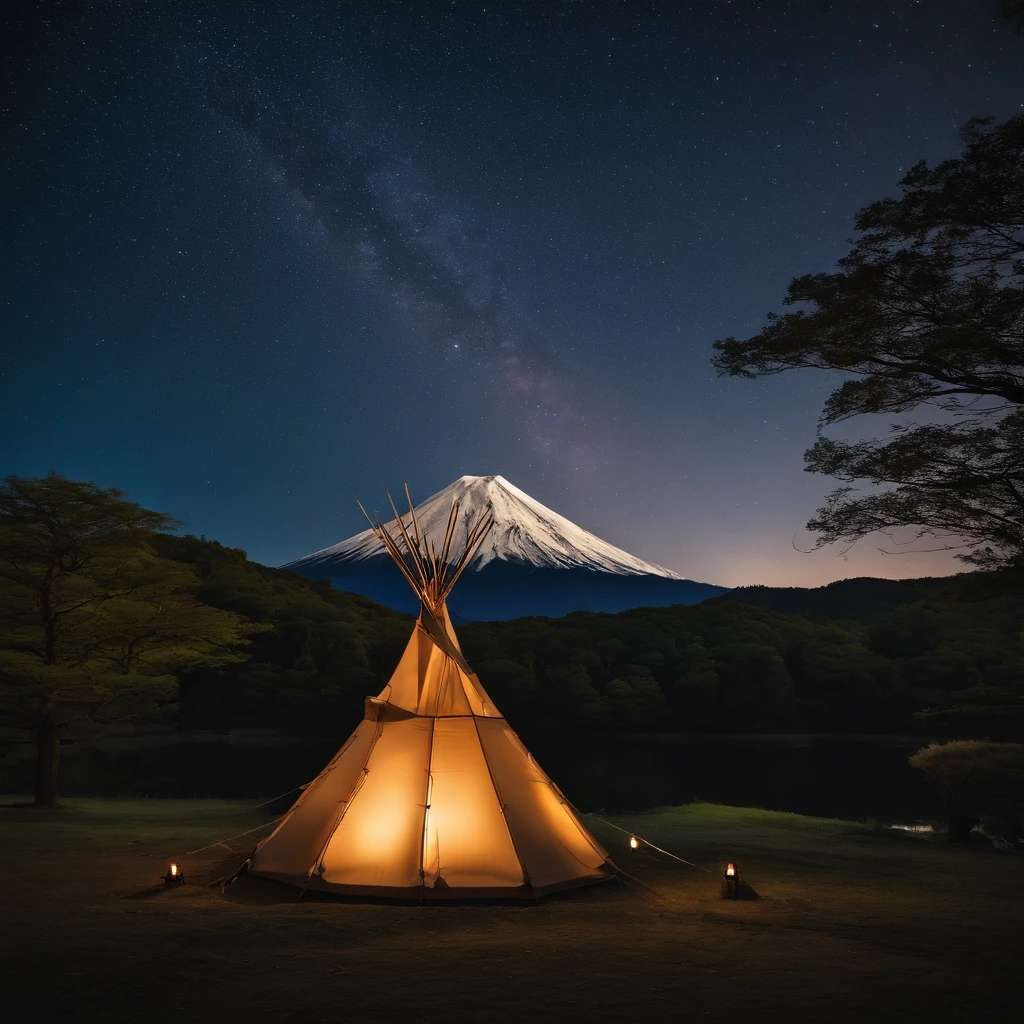 Master Parts、Superior Quality、superior image quality、The 8k quality、、Beautiful pictures of the starry sky、magnifica、Arched Milky Way:1.9、Mt fuji、lake、teepee