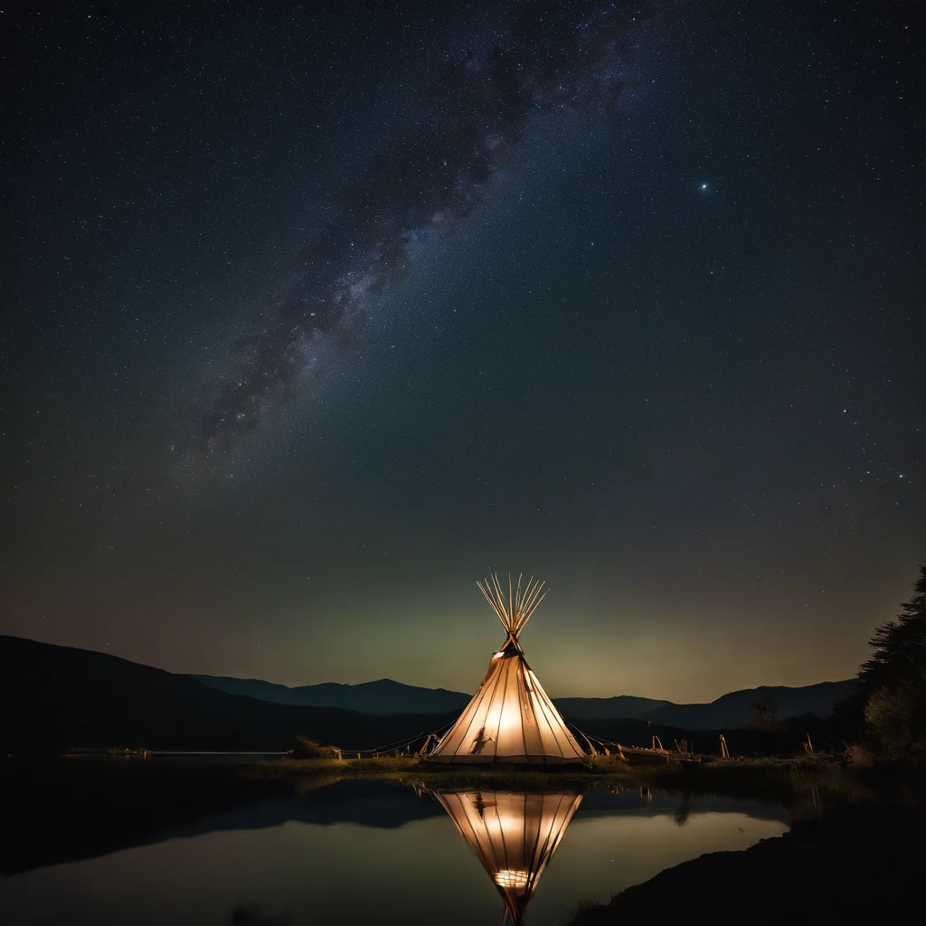 Master Parts、Superior Quality、superior image quality、The 8k quality、、Beautiful pictures of the starry sky、magnifica、Arched Milky Way:1.9、Mt fuji、lake、teepee