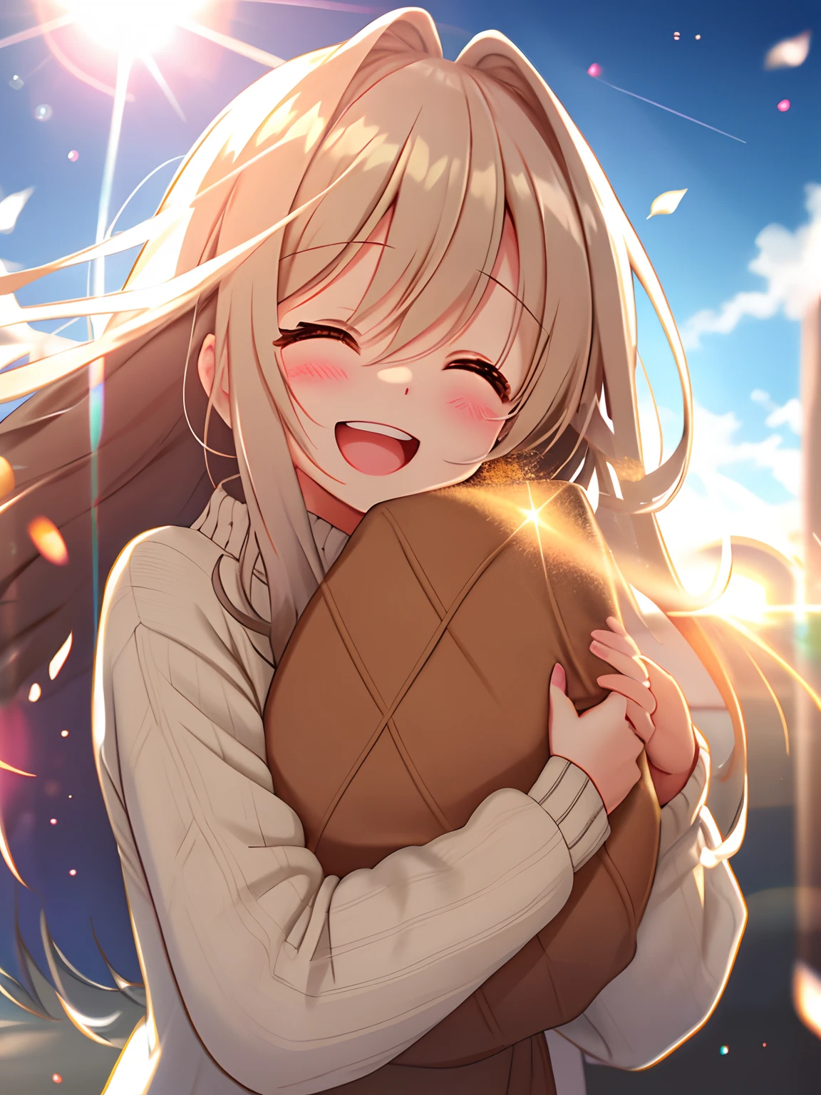 girl with、cosy sweater on、(Huge laughter:1.1)、(Opening Mouth:1.1)、(widely opened eyes:1.2)、Sun glare、bokeh dof、Depth of field is deep、blurry backround、Particles of light、heavy wind、galaxies background、Masterpiece、top-quality、UHD