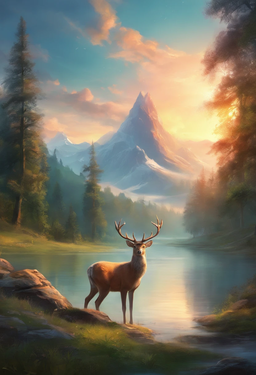 A mountain with beautiful grassy pine trees and a deer in the river and a beautiful girl with a hat