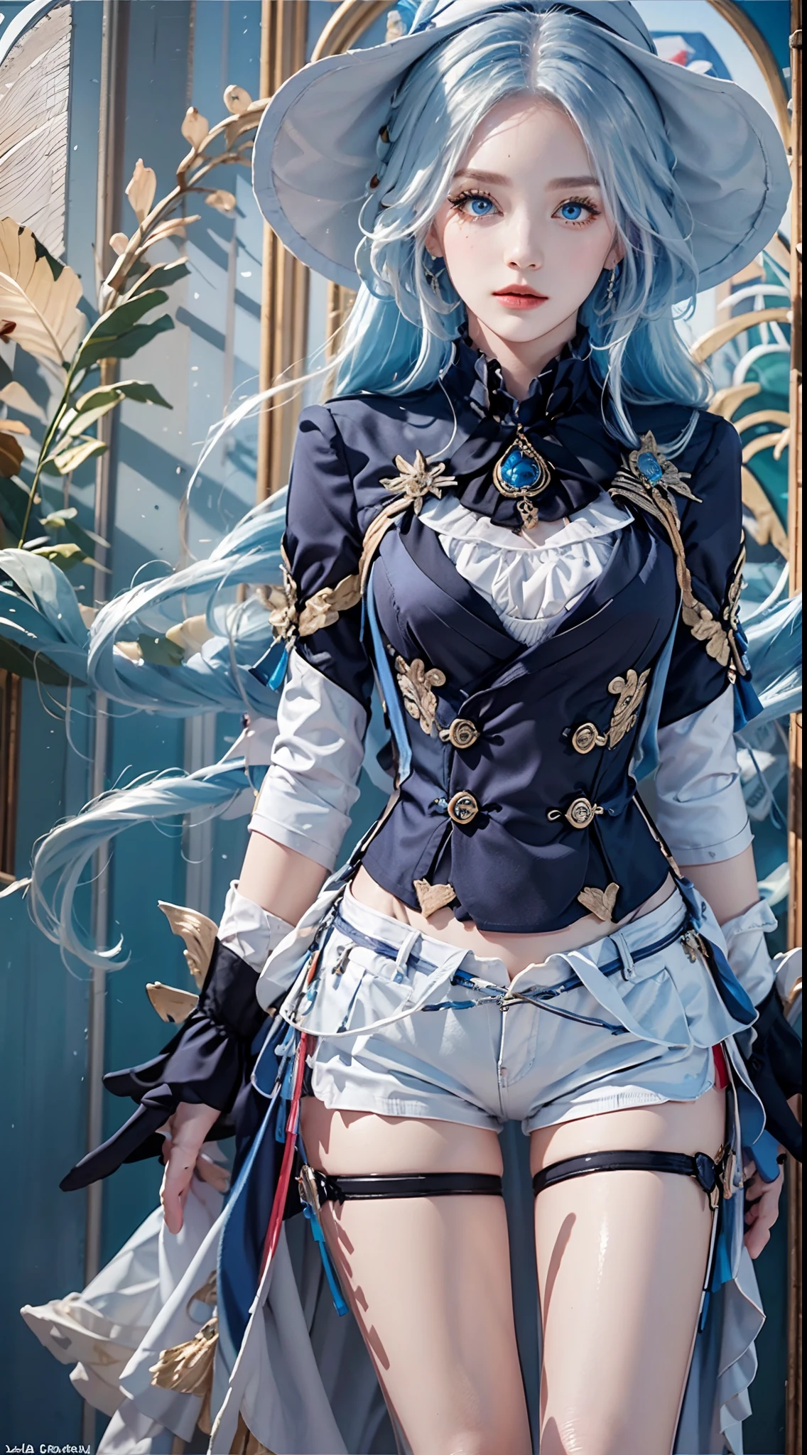 photography awards, masterpiece, blue hair, blue eyes, photorealistic, high resolution, soft light, brooch, waist bow, short shorts, blue suit, multicolored hair, white gloves, black gloves, white shirt, open clothes, water, underwater, ocean, single skirt hem, thigh strap, hat