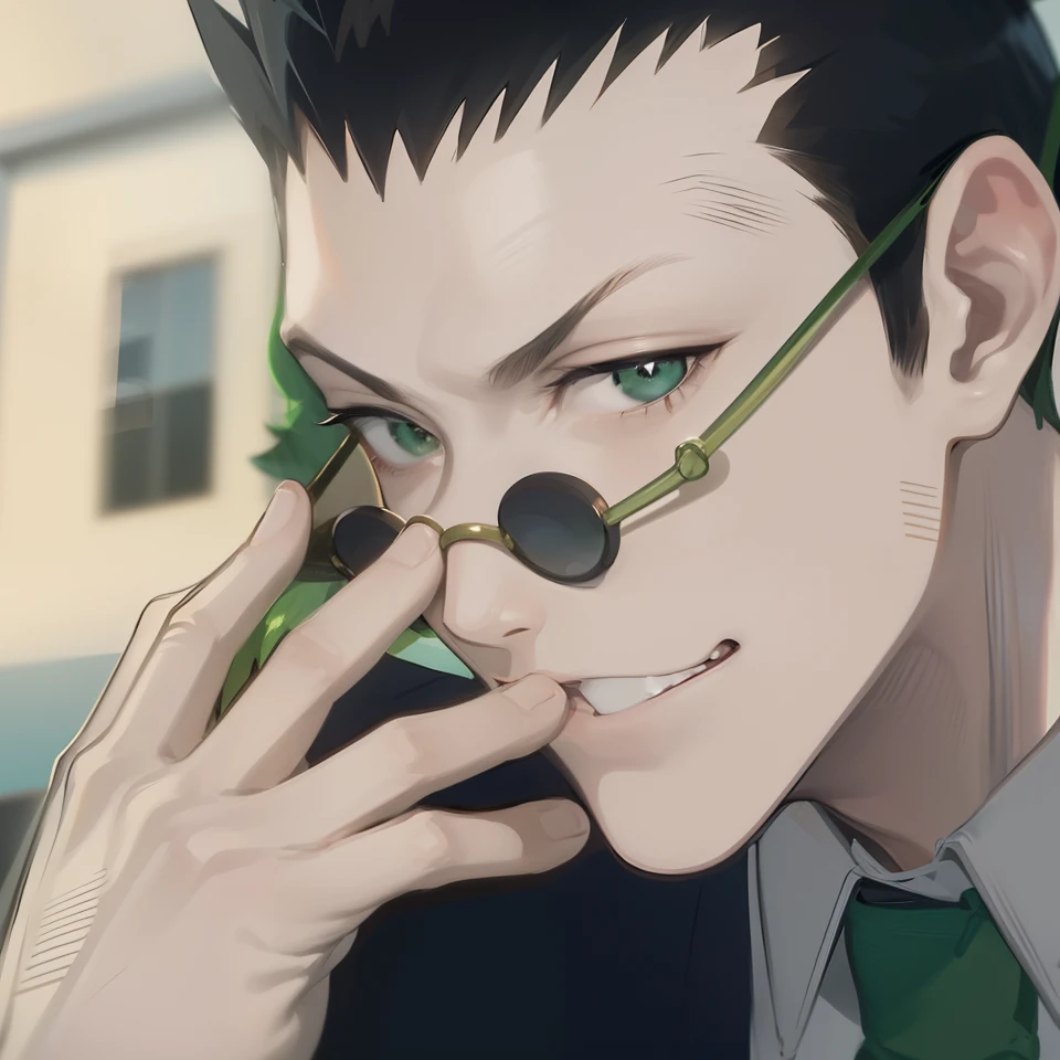 masutepiece, Best Quality, High quality, 1boy, Solo, Male Focus, Looking at Viewer, Upper body, Gon_Free CSS, Green hair,