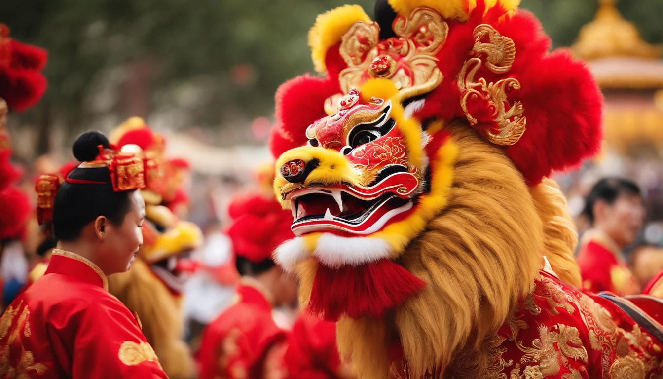 (Best quality,Ultra-detailed,Realistic:1.37), Vividly colored lion, Traditional Chinese art, Expressive lion dance, Intricate lion costumes, Dynamic lion movement, A lively and festive atmosphere, Energetic drumming, Skilled lion dancer, Well-designed lion's head design, Cultural heritage, Rhythmic music, Vivid red and gold, Dynamic and acrobatic stunts, Traditional lion dance, Festival crowds, Auspicious symbolism, Auspicious blessings, The expression of a lion's eyeball, Lively celebration, Traditional Chinese musical instruments, Grand lion dance parade,