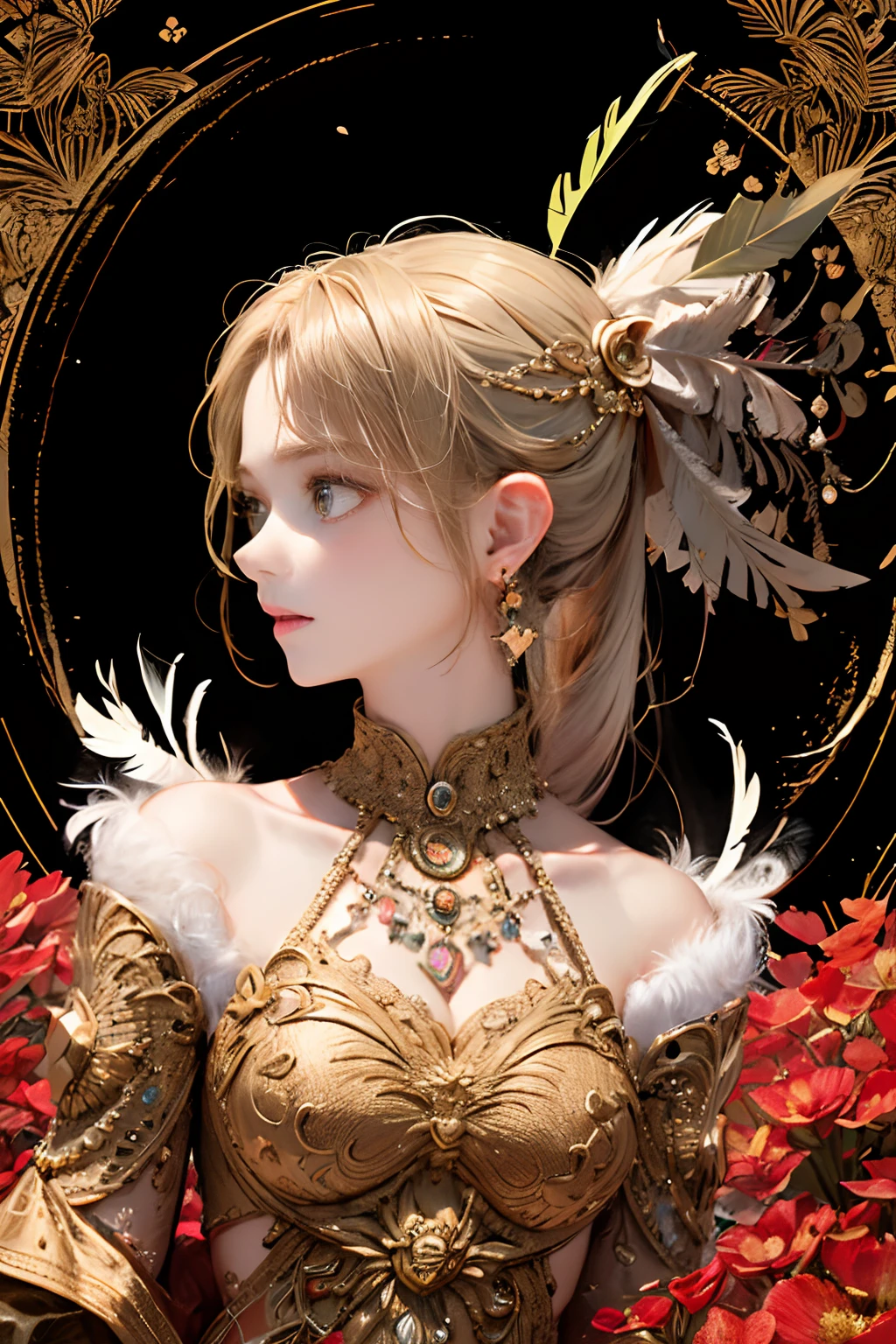 (Beautiful and majestic space,Island of the magnificent moon sea),(Intense and dramatic imagery,stunning visuals),(the hanging North Star,the colorful natural light) girl with,tiny chest,off shoulders,Golden hair,Colored feathers,metal ornaments,colorful flower,Particle,Rays of Light,(masutepiece, of the highest quality, Best Quality, Official art, Beautiful and aesthetic:1.2), (1girl in:1.3), Extremely detailed,(Fractal Art:1.1),(Colorful:1.1)(Flowers:1.3),highest details,(Zentangle:1.2), (Dynamic Pose), (Abstract background:1.3), (Shiny skin), (Many colors:1.4), ,(earrings:1.4), (Feathers:1.4)