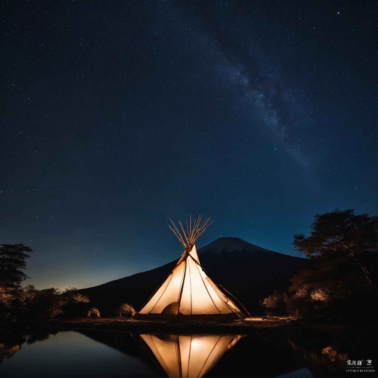 Master Parts、Superior Quality、superior image quality、The 8k quality、、Beautiful pictures of the starry sky、magnifica、Arched Milky Way:1.9、Mt fuji、lake、teepee