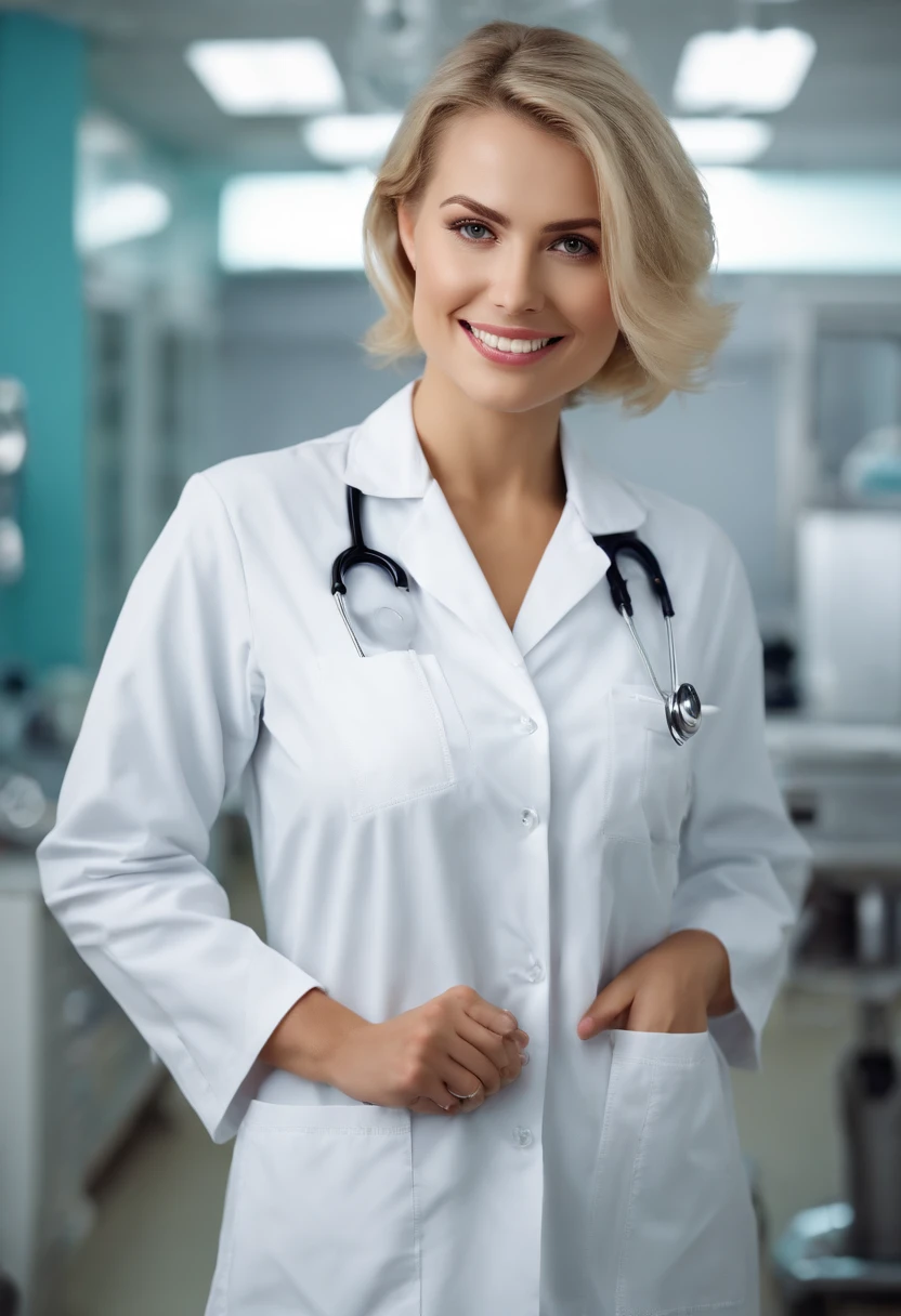 (masterpiece, best quality:1.4), photo, hd, selfie, 25 years old woman, blond short hair, beautiful nurse in her hospital, instruments, white work clothes, hospital intensiv station in the background, watching viewer, smile, analog film
