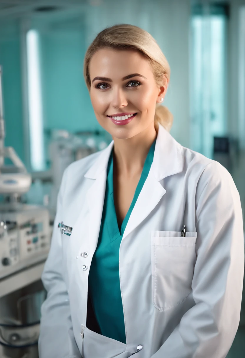 (masterpiece, best quality:1.4), photo, hd, selfie, 25 years old woman, blond short hair, beautiful nurse in her hospital, instruments, white work clothes, hospital intensiv station in the background, watching viewer, smile, analog film