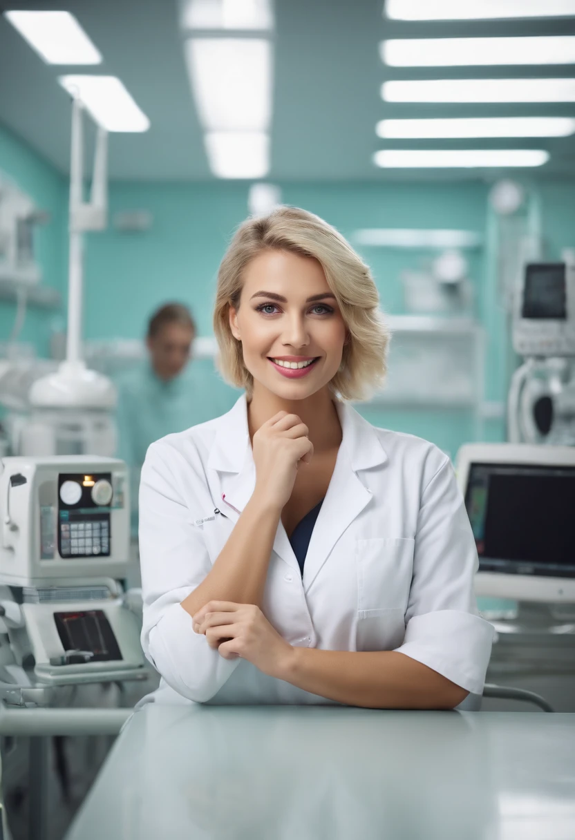 (masterpiece, best quality:1.4), photo, hd, selfie, 25 years old woman, blond short hair, beautiful nurse in her hospital, instruments, white work clothes, hospital intensiv station in the background, watching viewer, smile, analog film