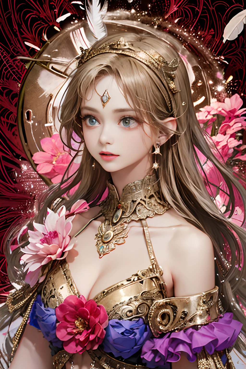 (Beautiful and majestic space,Island of the magnificent moon sea),(Intense and dramatic imagery,stunning visuals),(the hanging North Star,the colorful natural light) girl with，tiny chest，off shoulders，Golden hair，Colored feathers，metal ornaments，colorful flower，Particle，Rays of Light，(masutepiece, of the highest quality, Best Quality, Official art, Beautiful and aesthetic:1.2), (1girl in:1.3), Extremely detailed,(Fractal Art:1.1),(Colorful:1.1)(Flowers:1.3),highest details,(Zentangle:1.2), (Dynamic Pose), (Abstract background:1.3), (Shiny skin), (Many colors:1.4), ,(earrings:1.4), (Feathers:1.4)