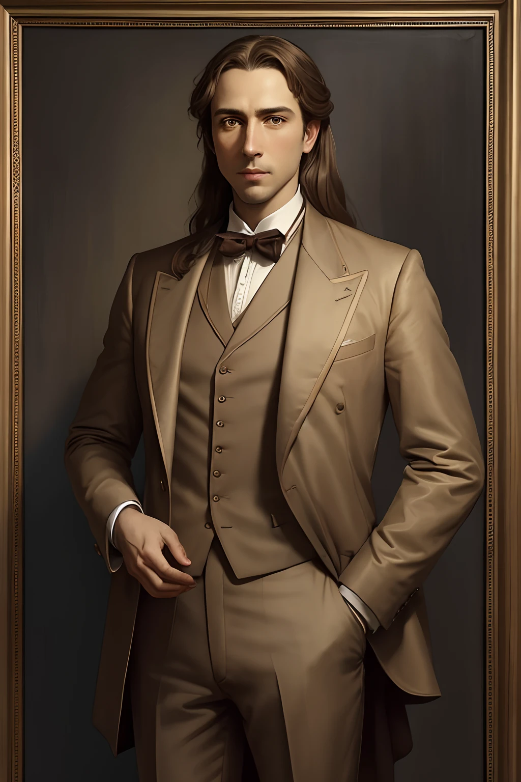masterpiece, Portrait of a man in his mid-30s in a beige three-piece suit, noble, standing, looking straight at me, from the waist up, pale brown hair color, long hair tied up, dark brown eyes, late 19th century, Ilya Repin